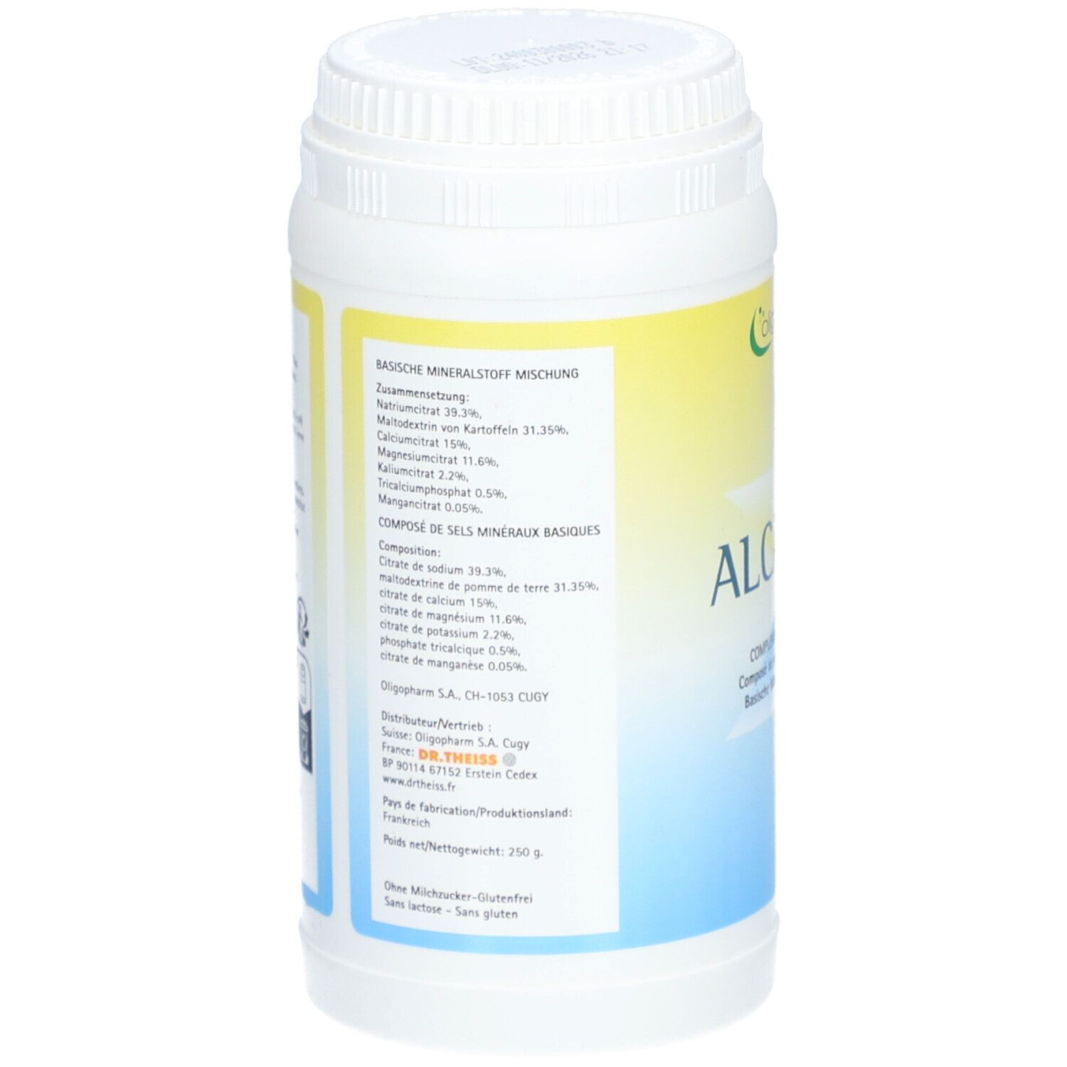 Dos du flacon blanc. Informations sur les ingrédients et le fabricant. Texte en allemand et français.