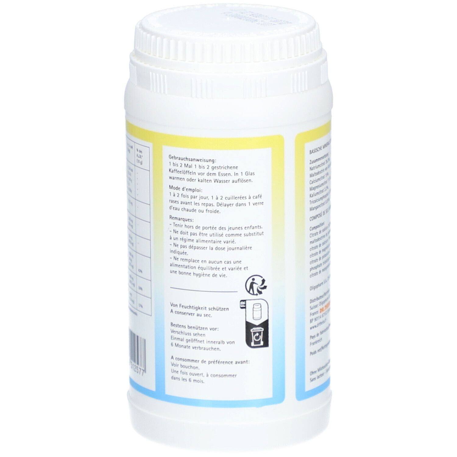 Dos du flacon blanc. Mode d'emploi et avertissements. Texte en allemand et français.