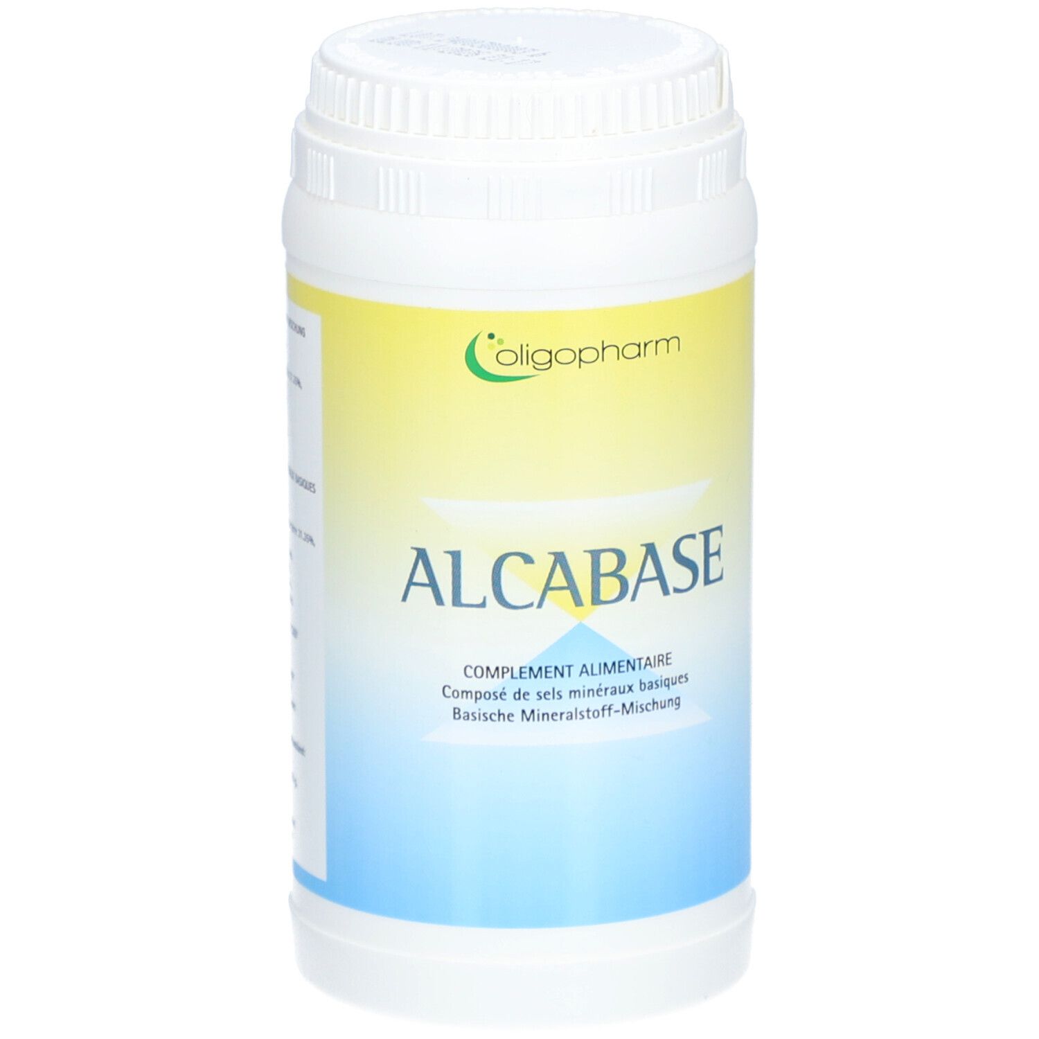 Flacon blanc, étiquette jaune et bleue. Inscription ALCABASE, logo Oligopharm. Complément alimentaire.