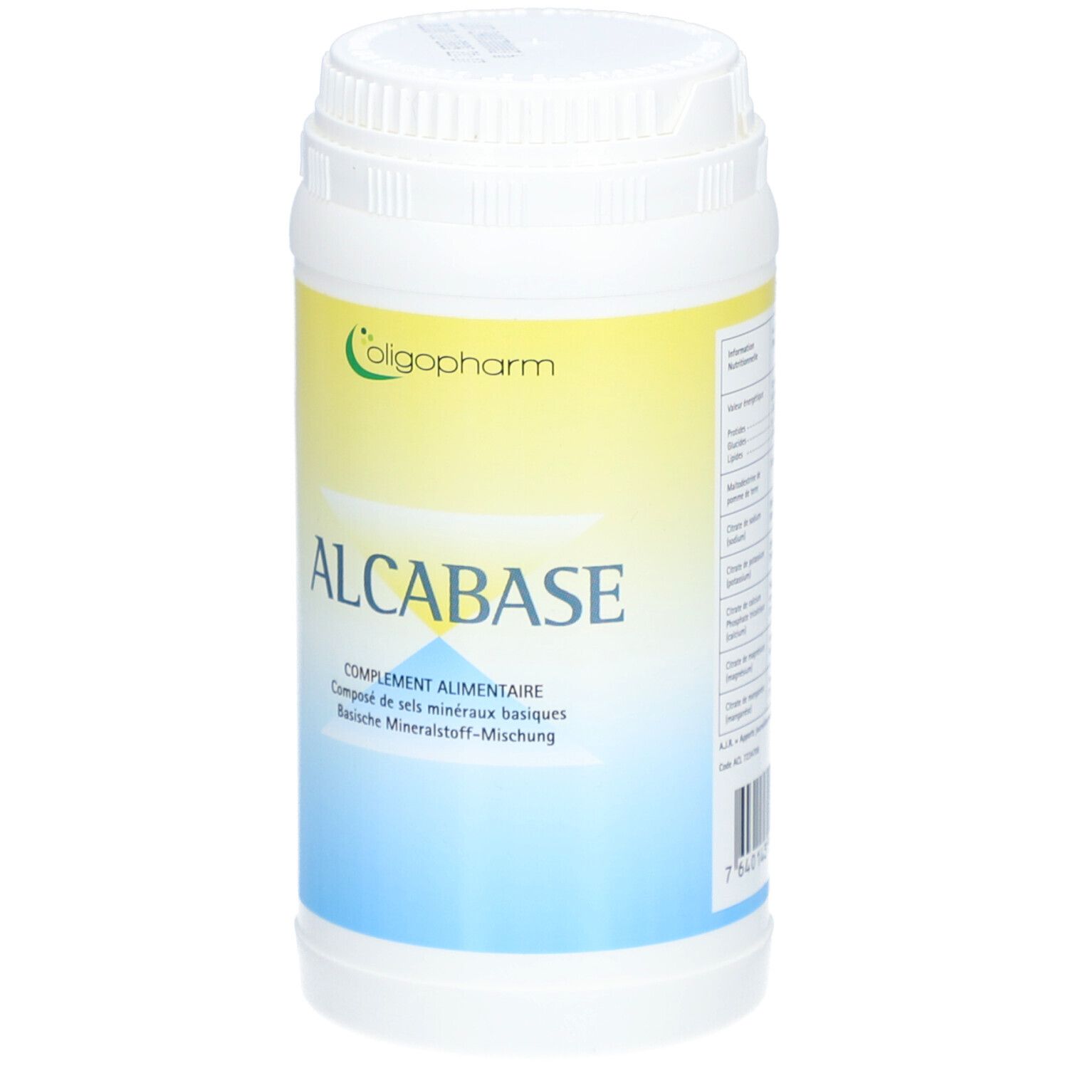 Flacon blanc, étiquette jaune et bleue. Inscription ALCABASE, logo Oligopharm. Complément alimentaire.