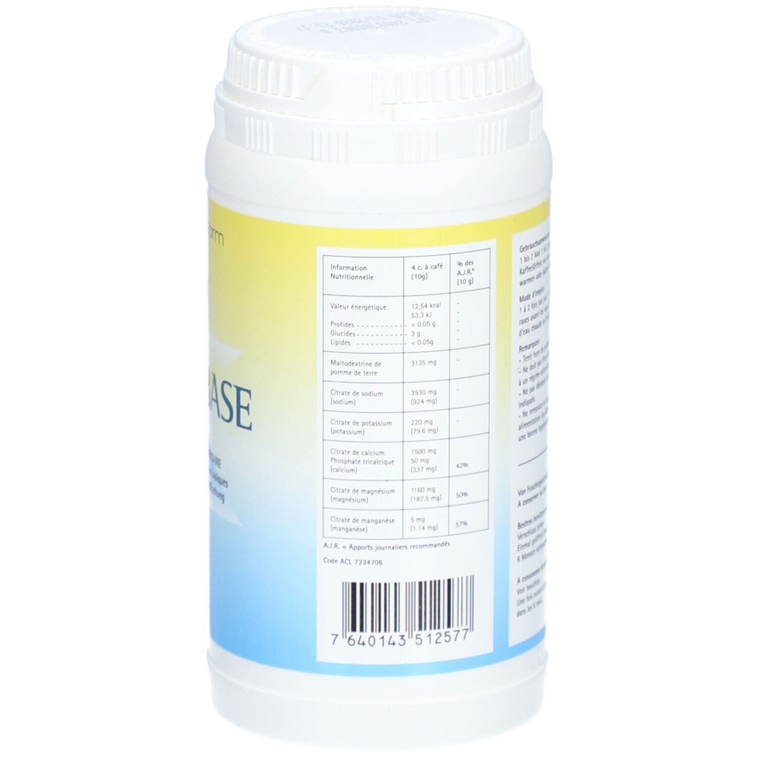 Dos du flacon blanc. Informations nutritionnelles et ingrédients. Texte en allemand et français.