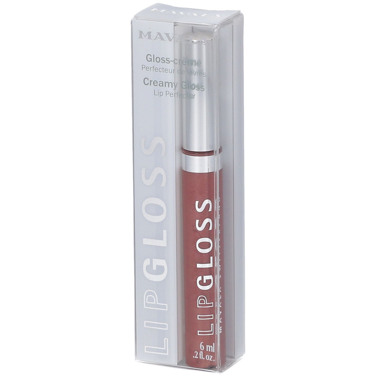 Lipgloss in transparenter Verpackung. Produktname und Volumenangabe sichtbar. Farbton: Trüffel.