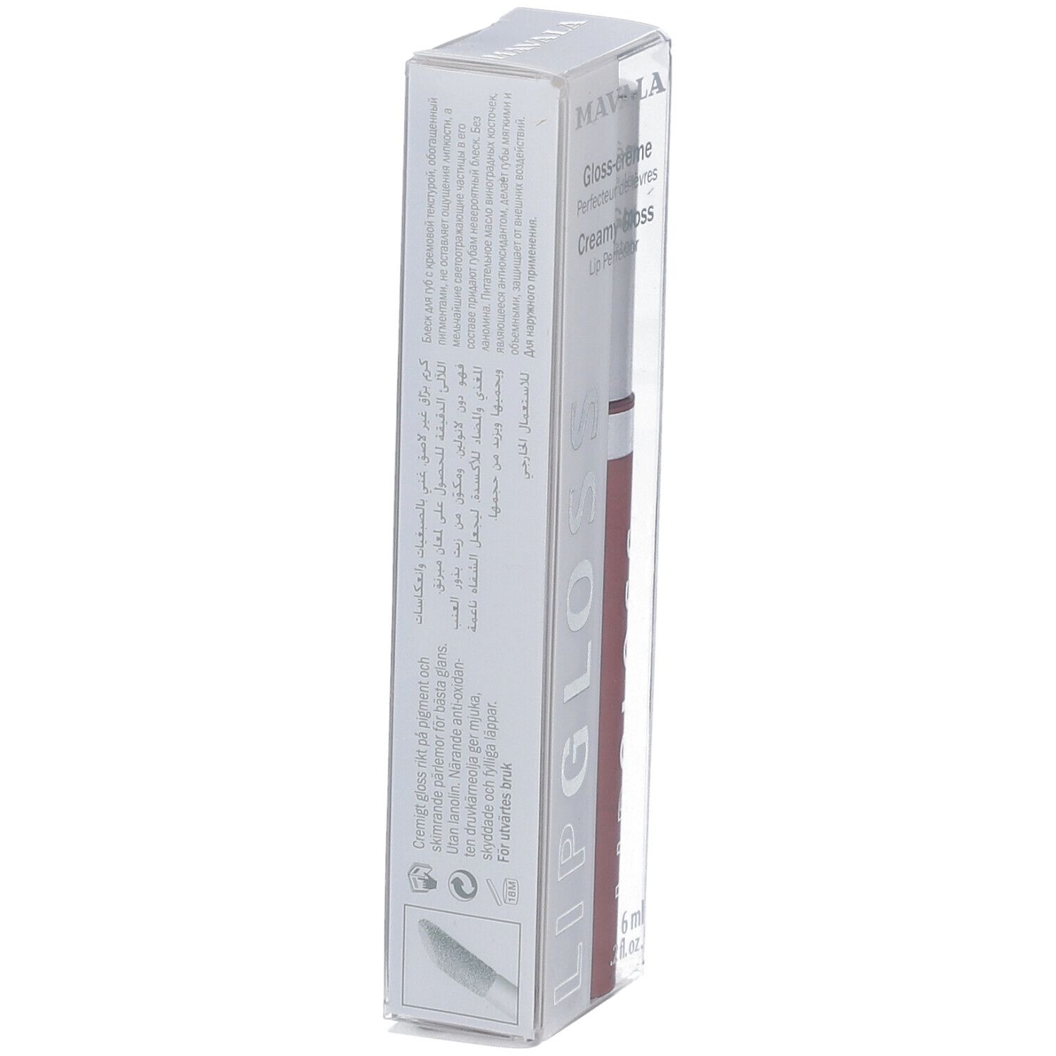 Verpackung des Lipglosses. Produktinformationen und Inhaltsstoffe aufgedruckt. Farbton: Trüffel.