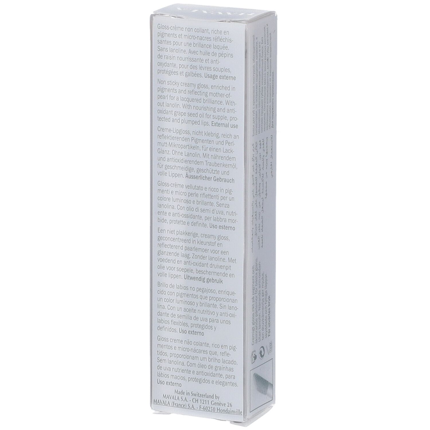 Rückseite der Lipgloss-Verpackung. Produktinformationen und Inhaltsstoffe aufgedruckt.