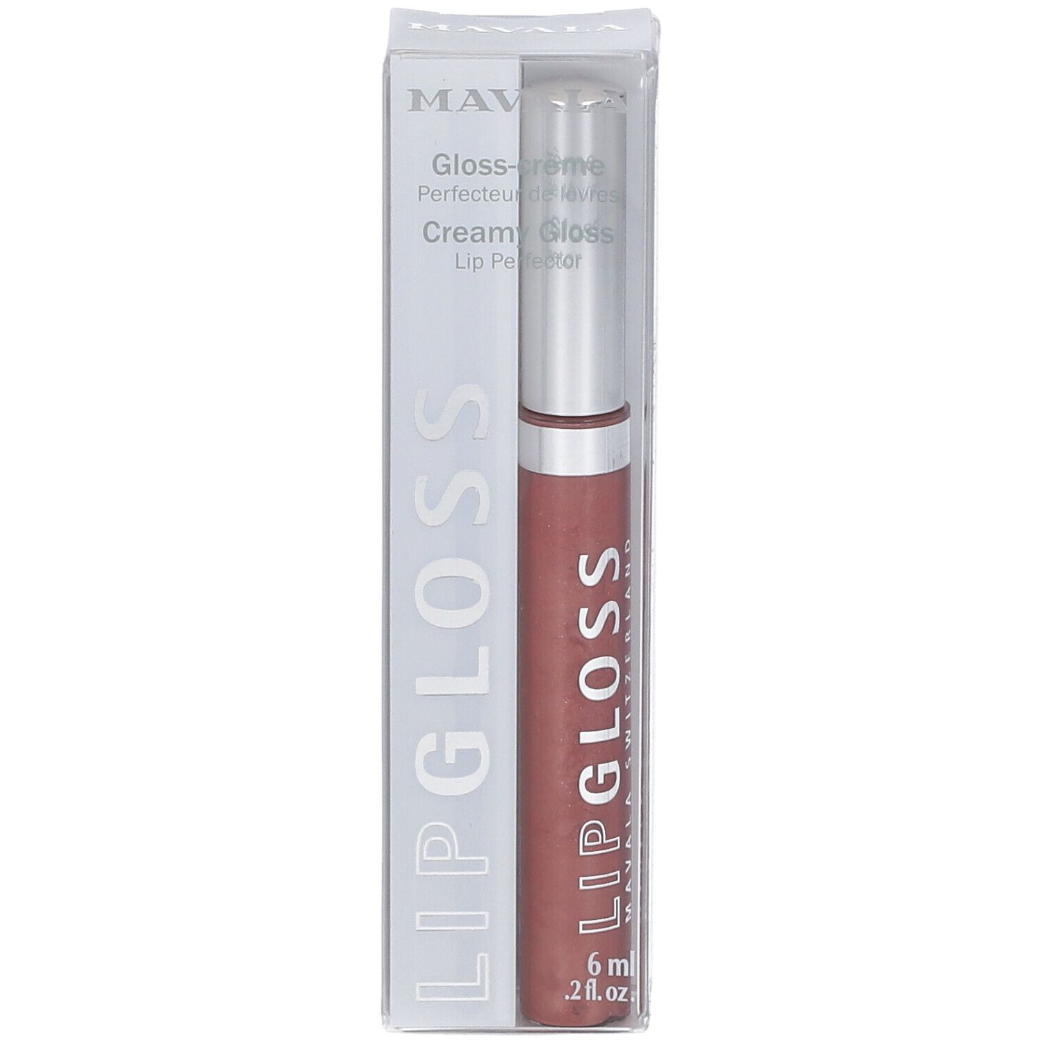 Lipgloss in transparenter Verpackung. Produktname und Volumenangabe sichtbar. Farbton: Trüffel.