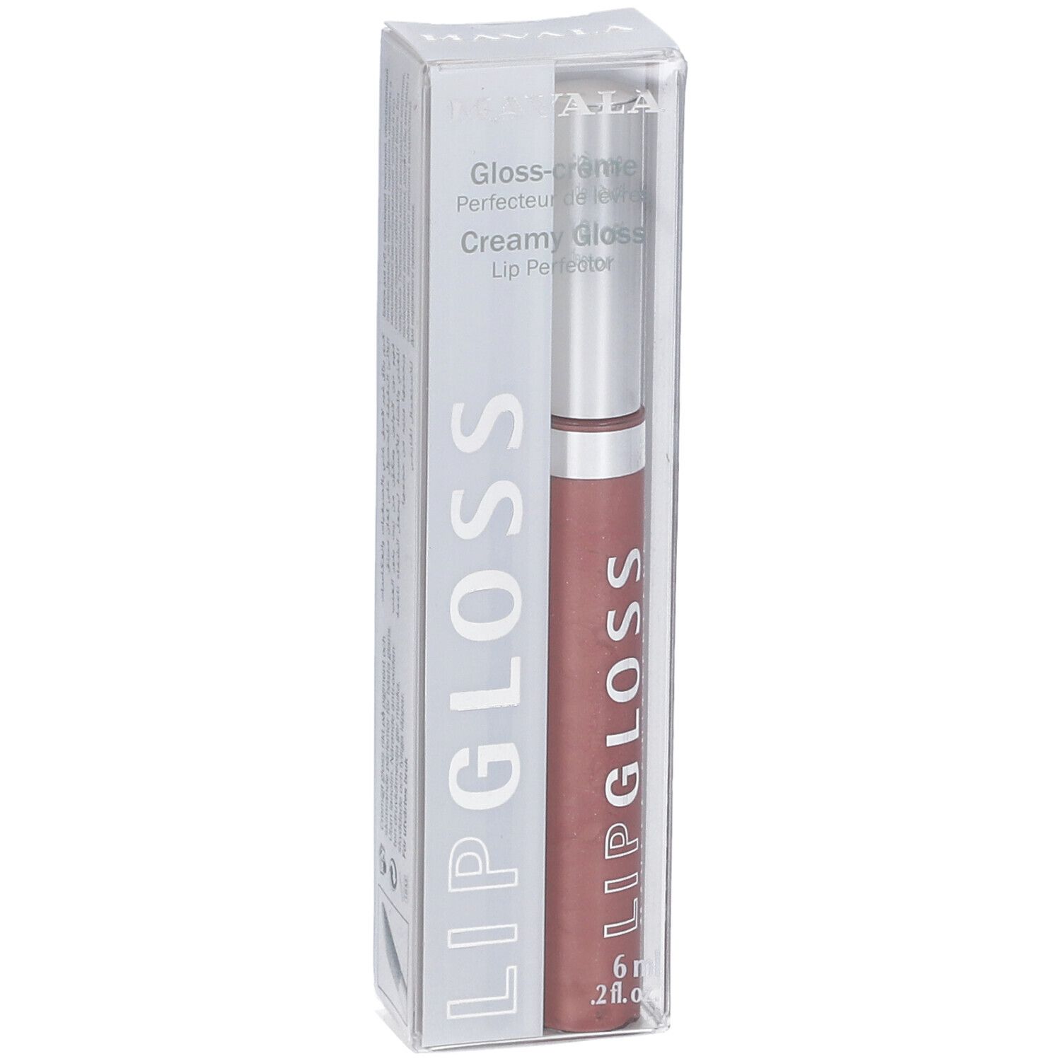 Lipgloss in transparenter Verpackung. Produktname und Volumenangabe sichtbar. Farbton: Trüffel.