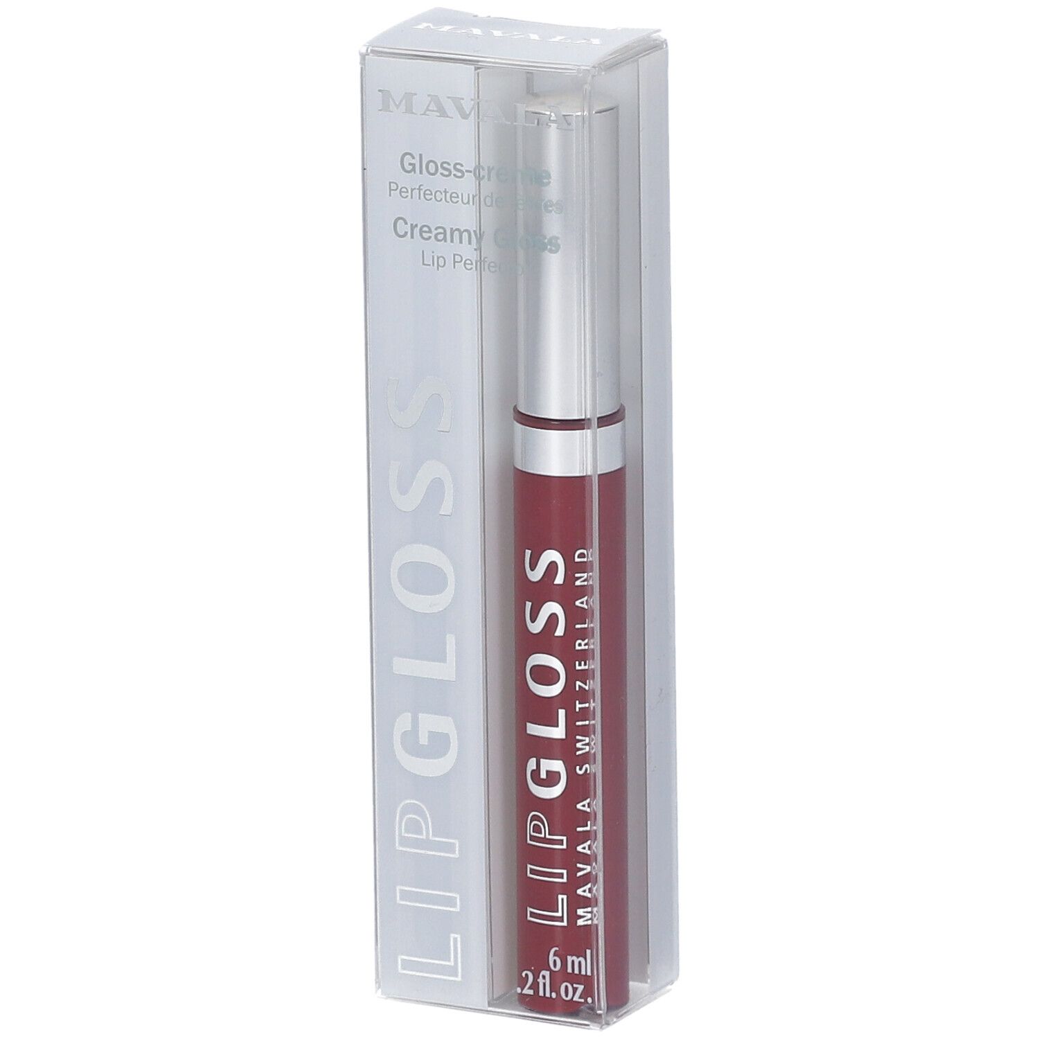 Lipgloss in transparenter Verpackung. Auf dem Produkt steht "LIP GLOSS" und "MAVALA SWITZERLAND".