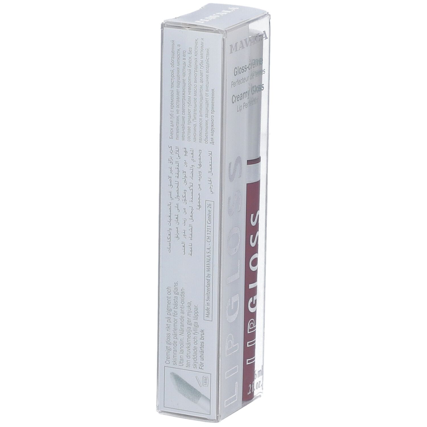 Rückseite der Lipgloss-Verpackung mit Text. Auf der Verpackung steht "LIP GLOSS".