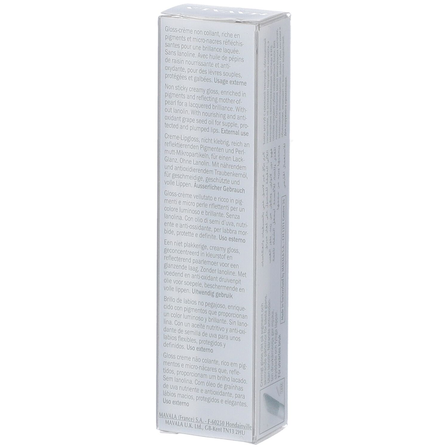 Nahaufnahme der Lipgloss-Verpackung mit Text. Auf der Verpackung steht Text in mehreren Sprachen.