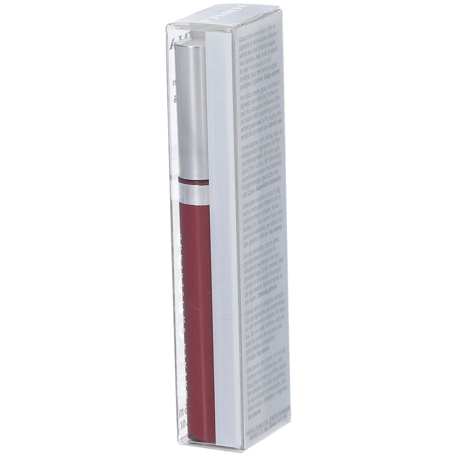 Lipgloss in transparenter Verpackung. Auf der Verpackung steht Text.