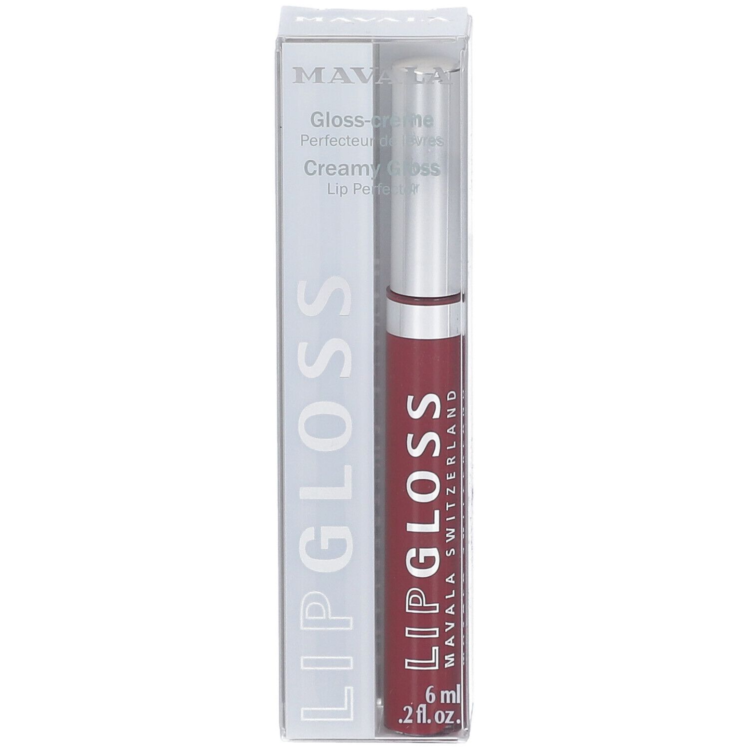 Lipgloss in transparenter Verpackung. Auf dem Produkt steht "LIP GLOSS" und "MAVALA SWITZERLAND".