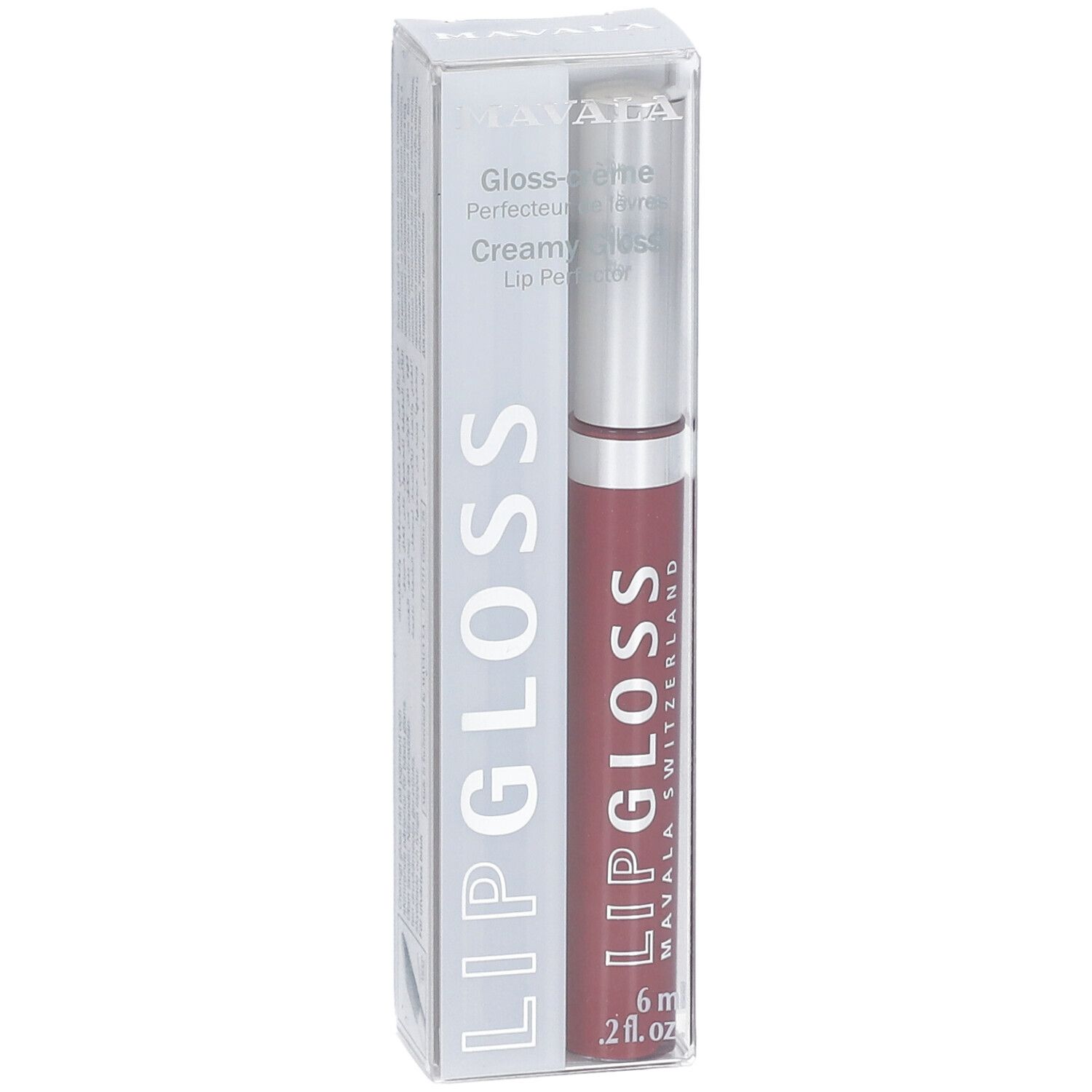 Lipgloss in transparenter Verpackung. Auf dem Produkt steht "LIP GLOSS" und "MAVALA SWITZERLAND".