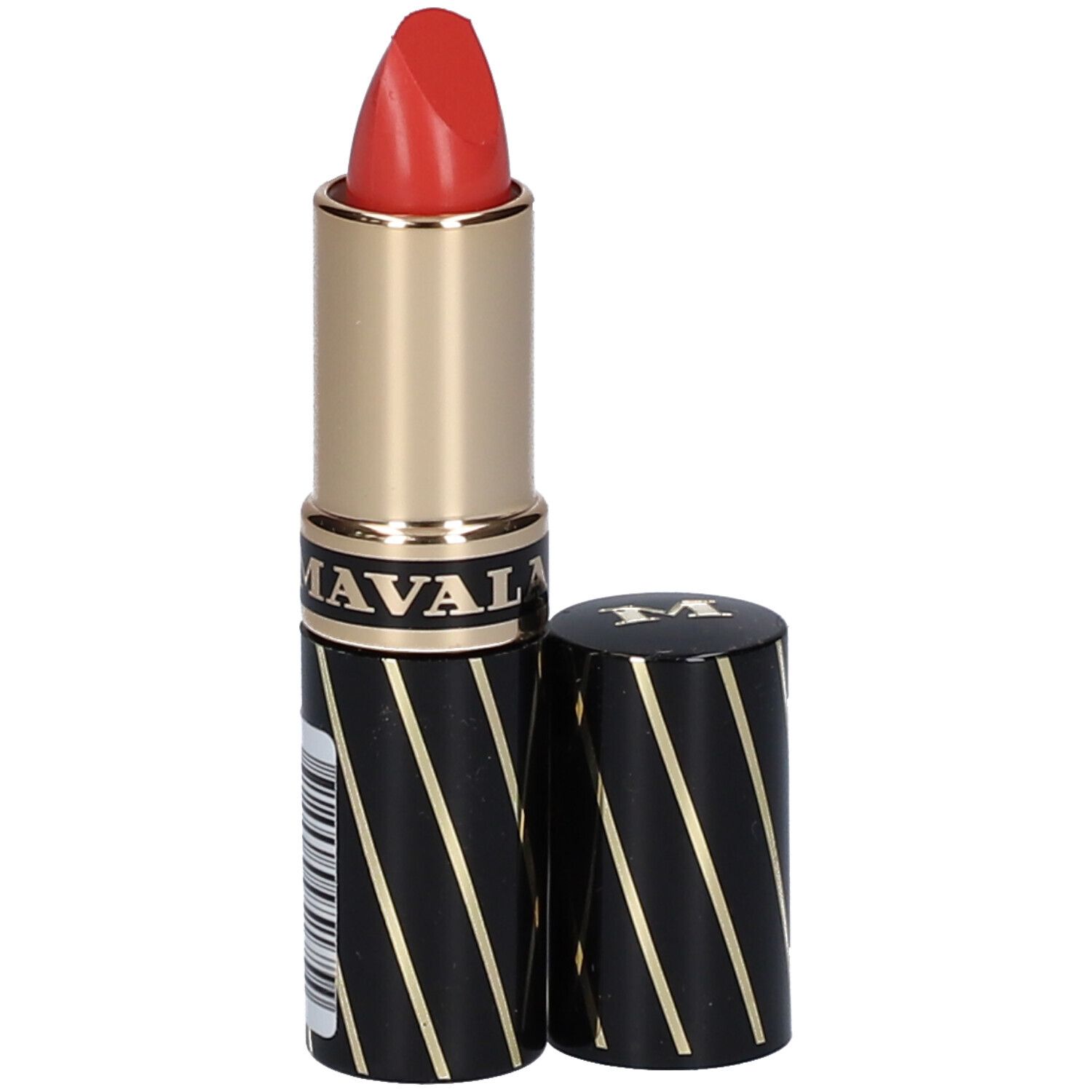 Roter Lippenstift. Schwarze Hülse mit goldenen Streifen und Logo. Deckel daneben.