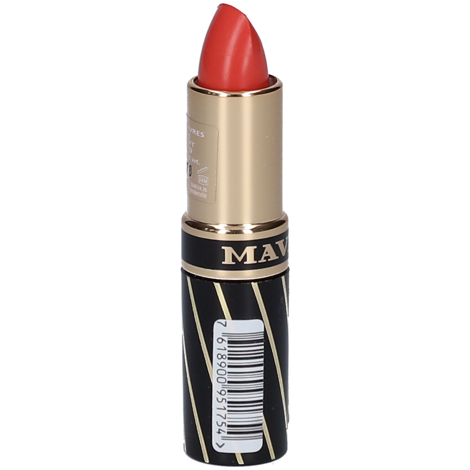 Lippenstift mit roter Spitze. Schwarze Hülse mit goldenen Streifen und Logo. Barcode sichtbar.
