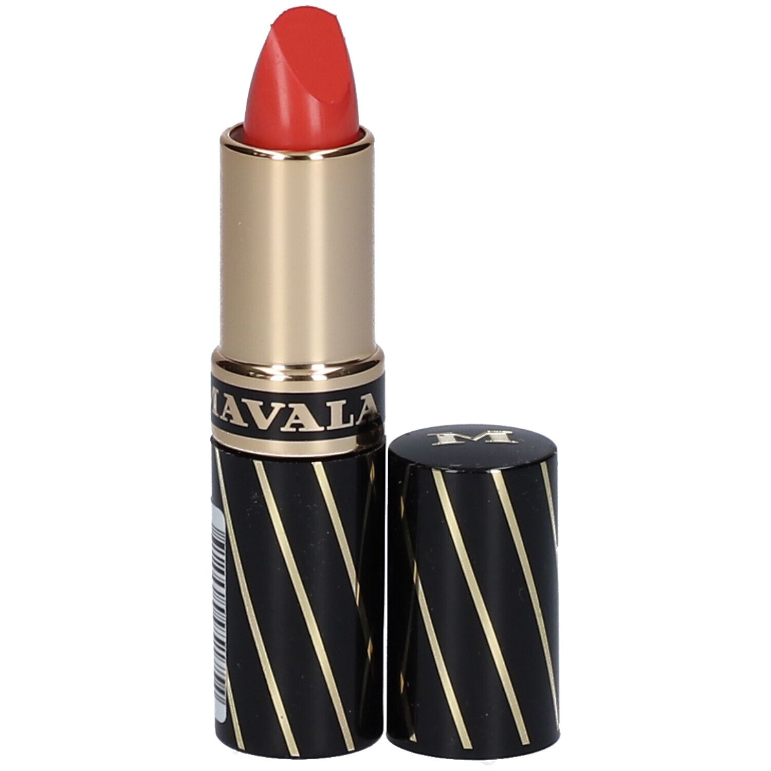 Lippenstift mit roter Spitze. Schwarze Hülse mit goldenen Streifen und Logo. Deckel daneben.