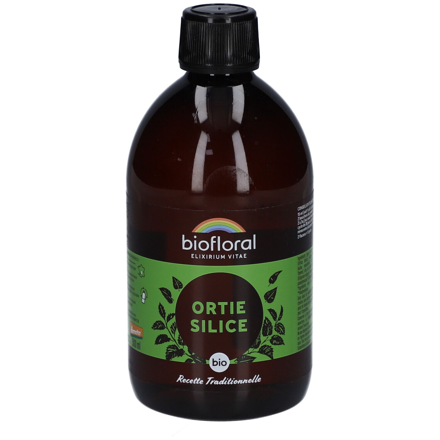 Flacon brun, bouchon noir. Inscription: BIOFLORAL, Ortie Silice, BIO. Étiquettes vertes.