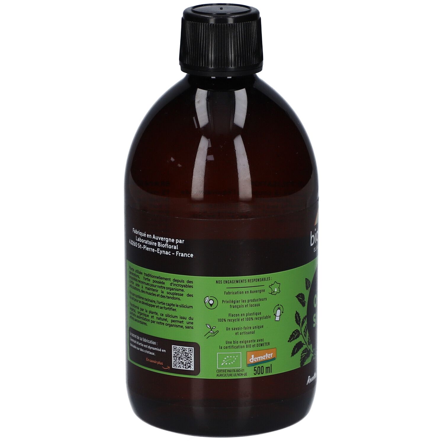 Dos du flacon brun. Étiquettes vertes avec texte et logos. Bouchon noir. Informations fabricant.