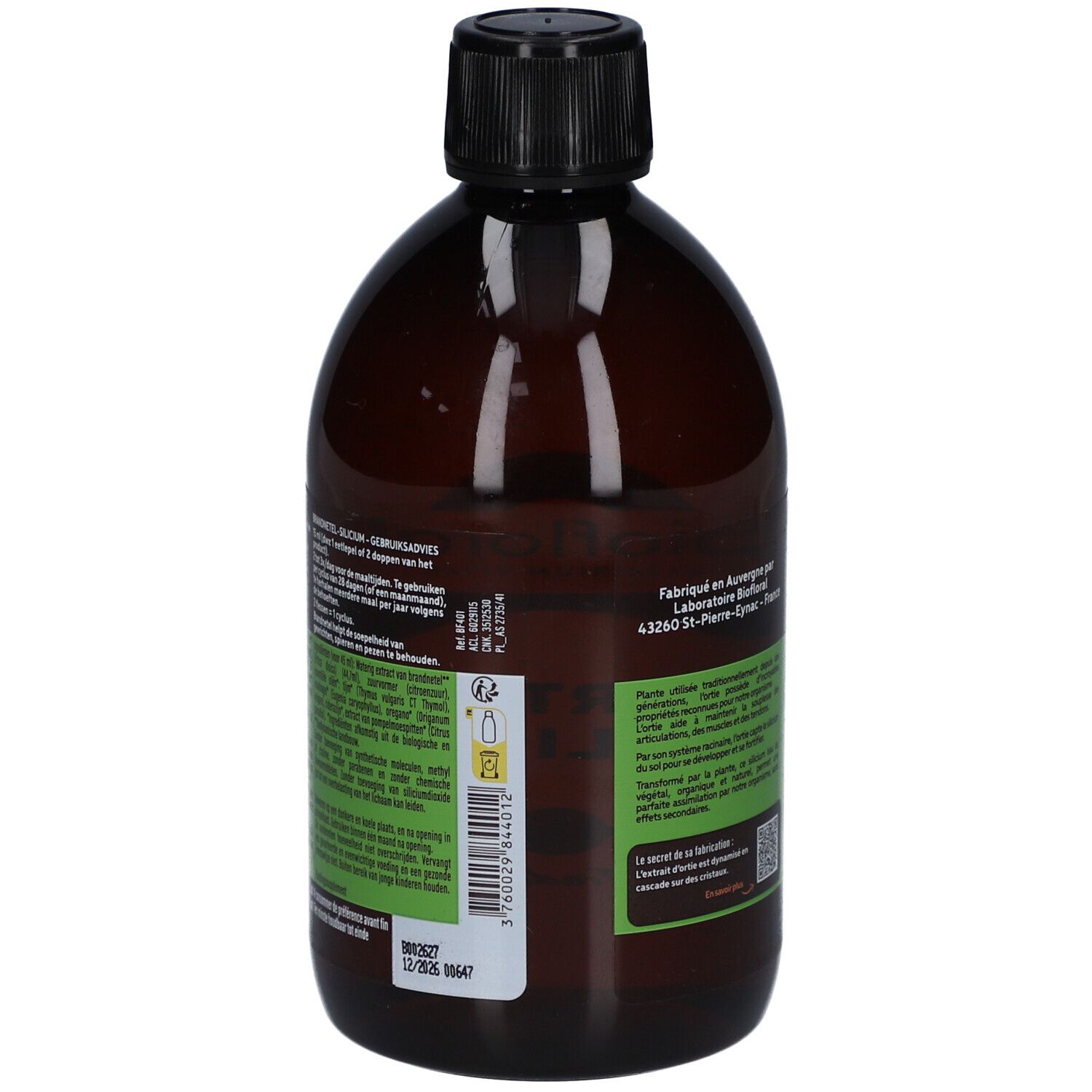 Dos du flacon brun. Étiquettes vertes avec texte. Bouchon noir. Code QR et numéro de lot.