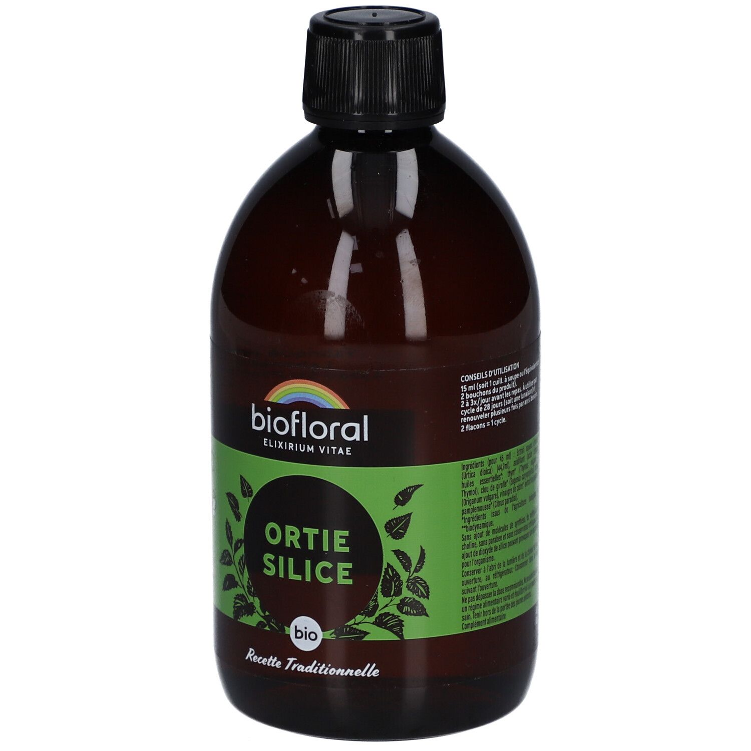 Flacon brun, bouchon noir. Inscription: BIOFLORAL, Ortie Silice, BIO. Étiquettes vertes. 500 ml.