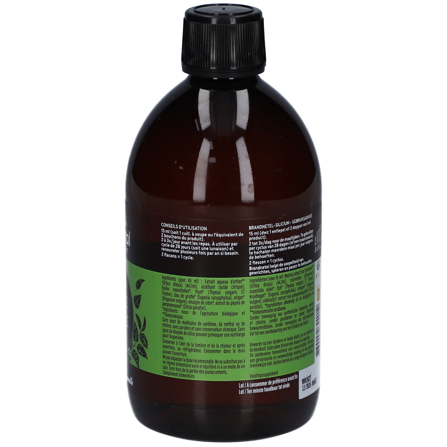 Dos du flacon brun. Étiquettes vertes avec texte. Bouchon noir. Conseils d'utilisation.