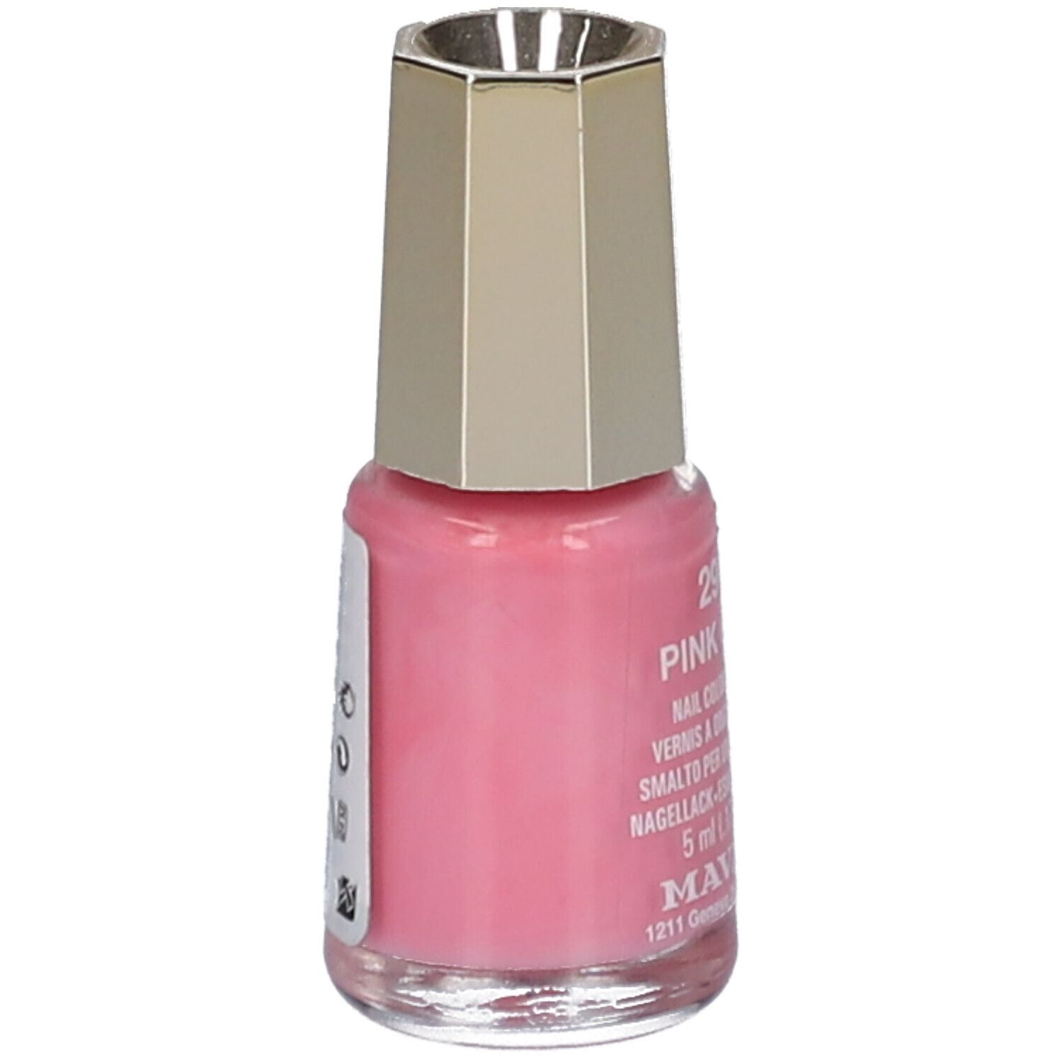 Flacon de vernis à ongles rose. Bouchon doré. Autocollant avec texte. Marque : MAVALA.