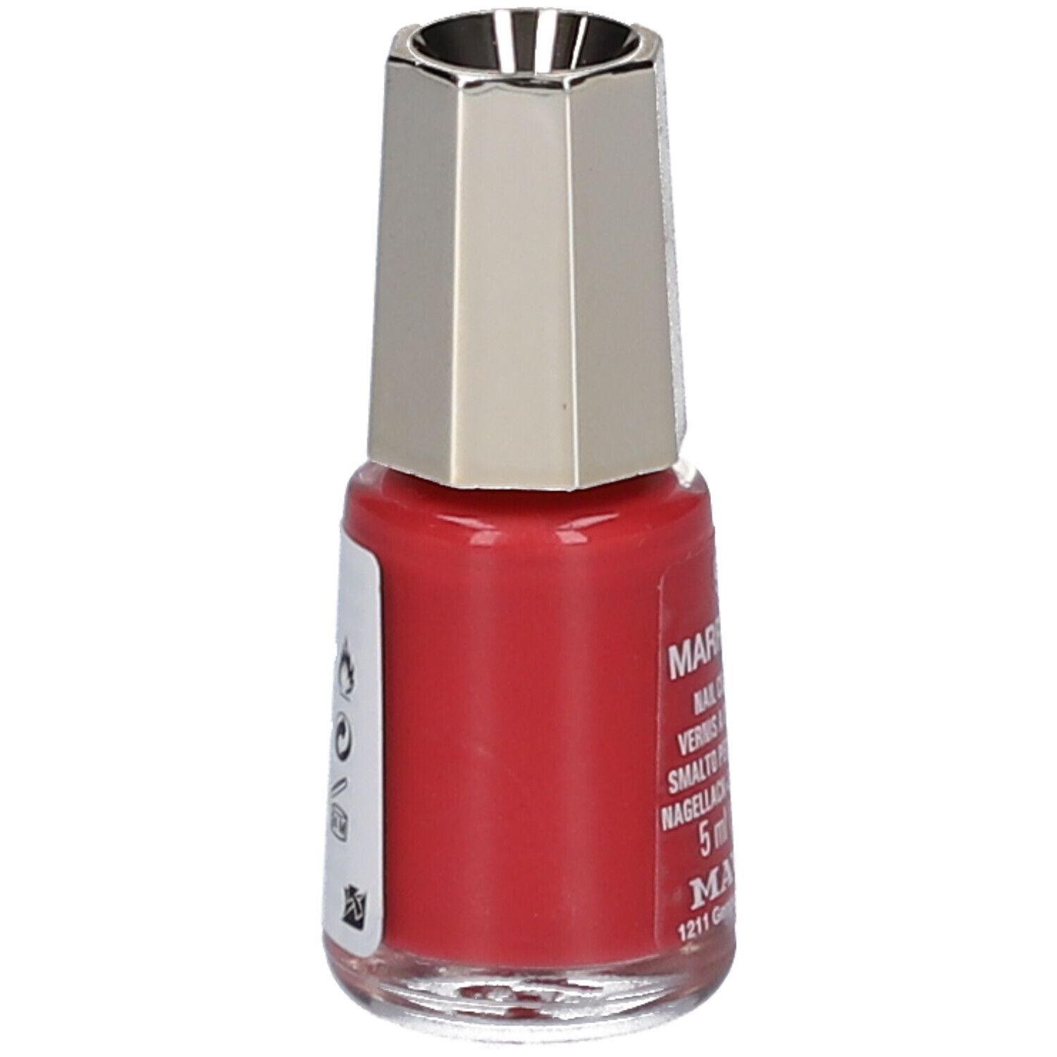 Roter Nagellack, Flasche mit silberfarbenem Deckel. Aufschrift: Marrakesch, 5 ml. Marke: MAVALA.