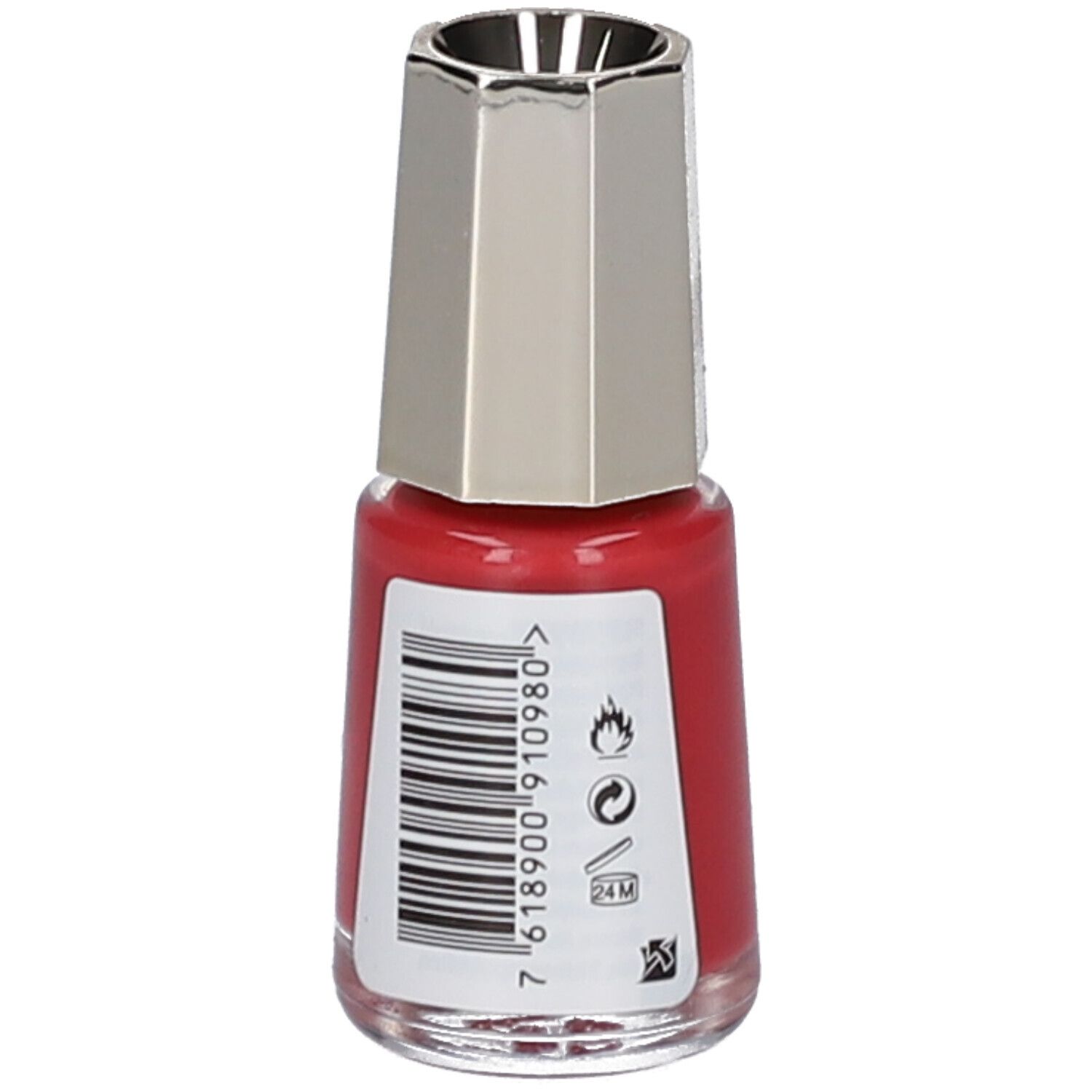 Roter Nagellack, Flasche mit silberfarbenem Deckel. Barcode und Warnhinweise auf Etikett.