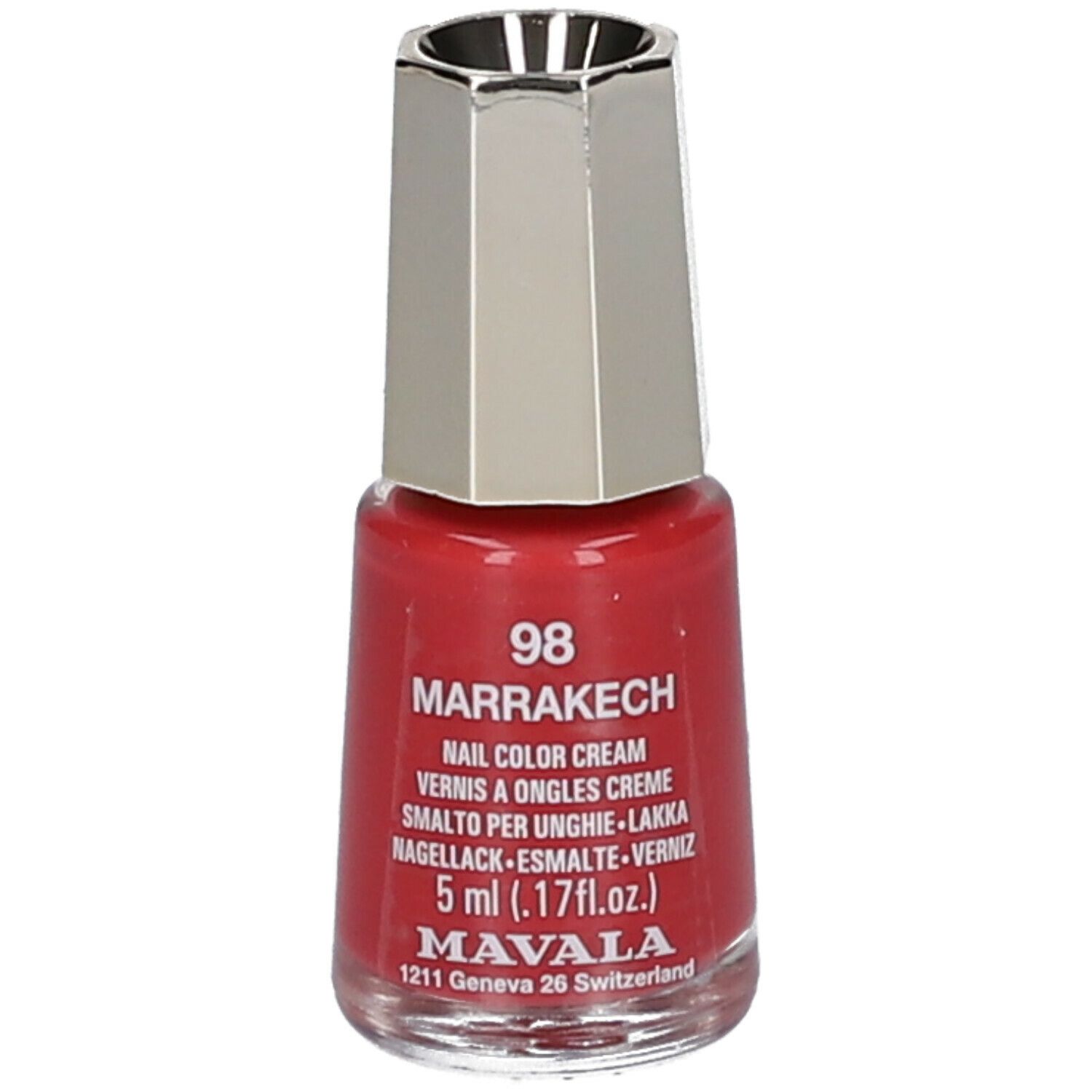 Roter Nagellack, Flasche mit silberfarbenem Deckel. Aufschrift: 98 Marrakesch, 5 ml. Marke: MAVALA.