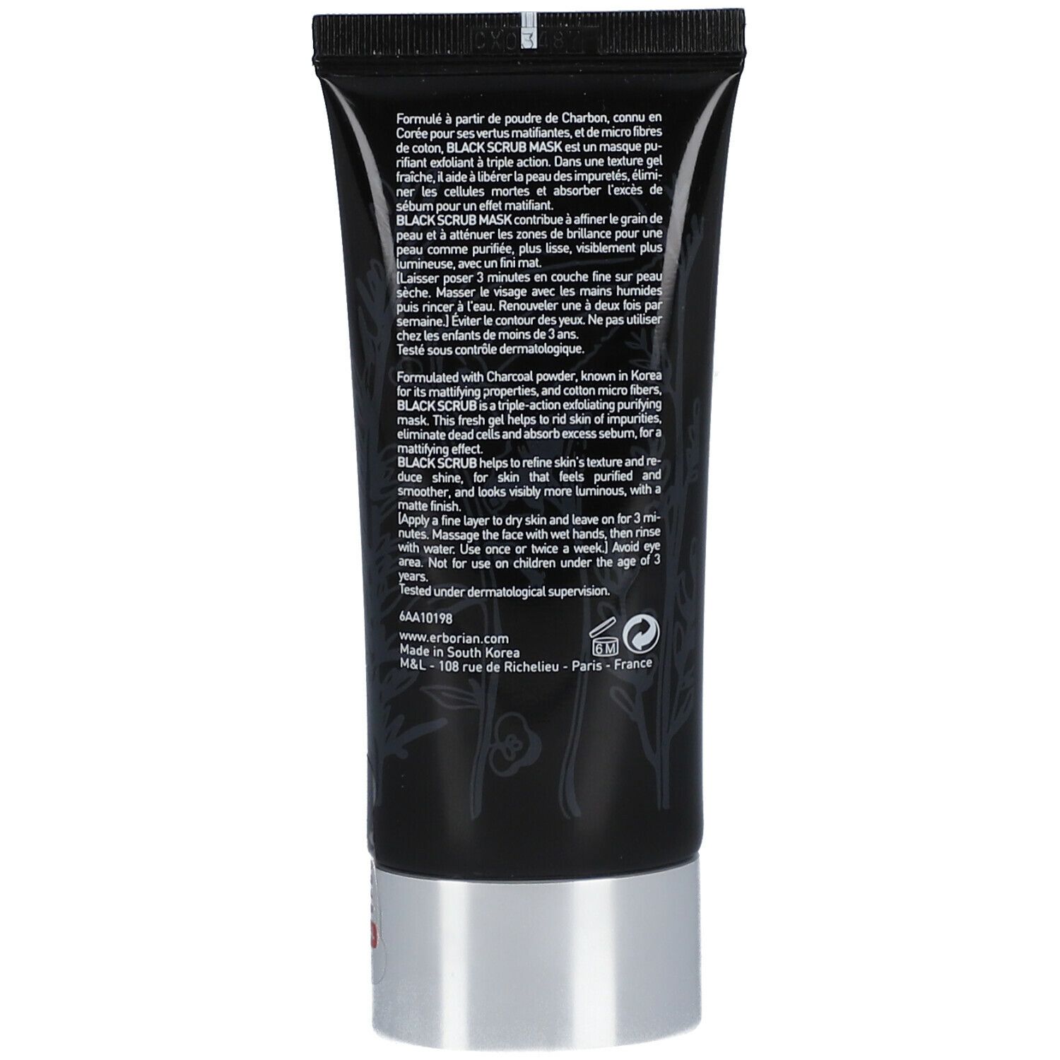 Dos du tube noir. Texte multilingue. Erborian Black Scrub Mask. Ingrédients et instructions.