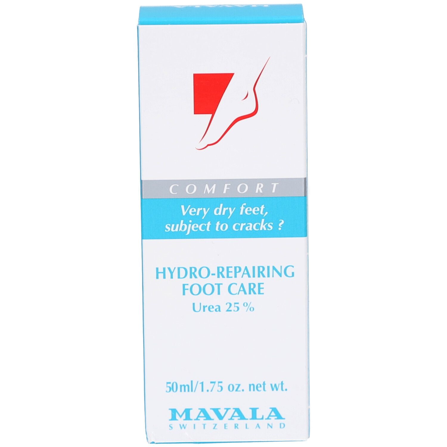 Carton avec texte: CONFORT, Very dry feet, subject to cracks ? HYDRO-REPAIRING FOOT CARE, Urea 25%. Marque: MAVALA.