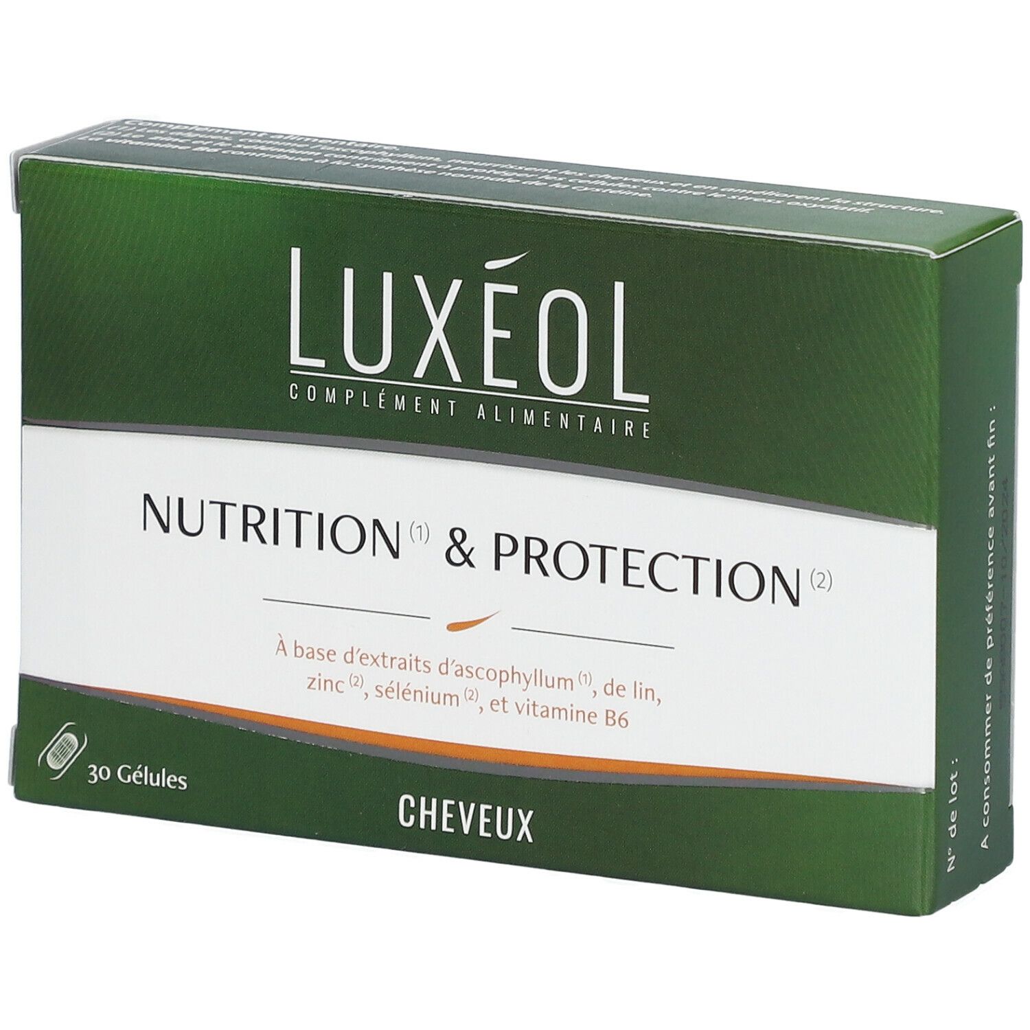 Schachtel mit LUXÉOL Nahrungsergänzungsmittel. Aufschrift: Nutrition & Protection, 30 Gelules. Grün-weißes Design.