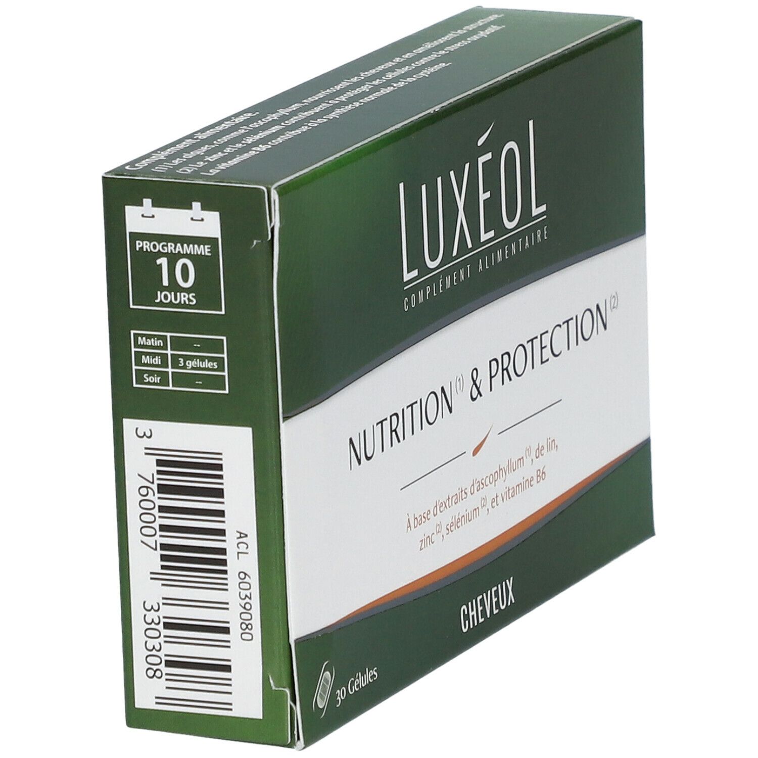 Schachtel LUXÉOL, schräg. Aufschrift: Nutrition & Protection. 10-Tage-Programm. Grün-weißes Design.