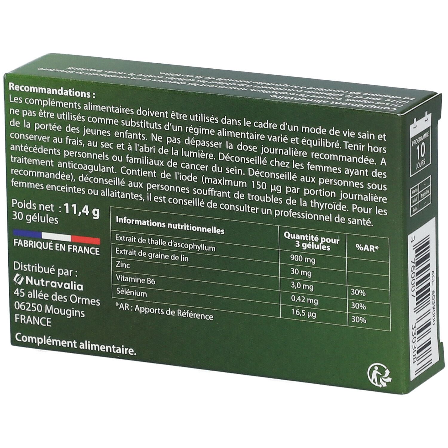 Rückseite der LUXÉOL-Schachtel. Enthält Nährwertangaben und Empfehlungen. Grün-weißes Design.