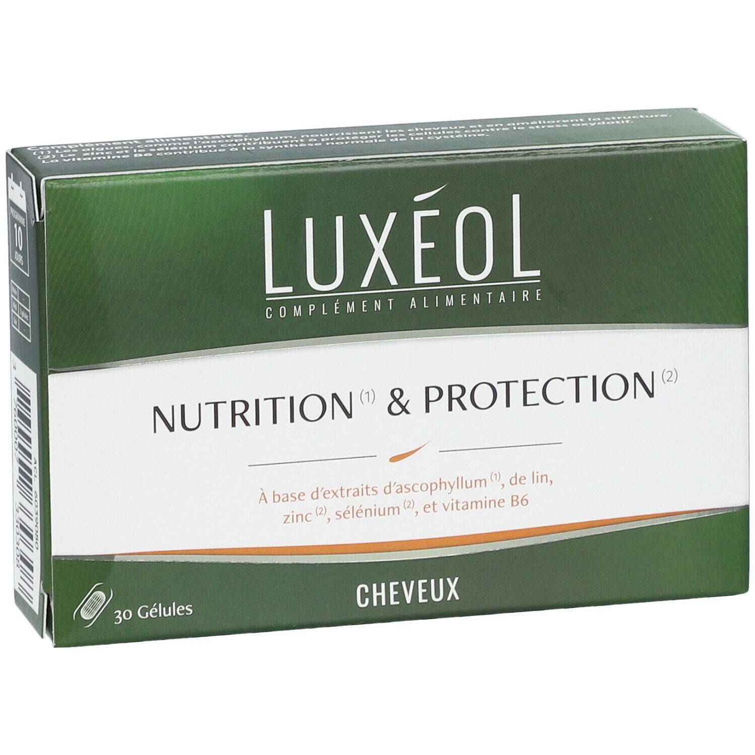 Schachtel mit LUXÉOL Nahrungsergänzungsmittel. Aufschrift: Nutrition & Protection, 30 Gelules. Grün-weißes Design.