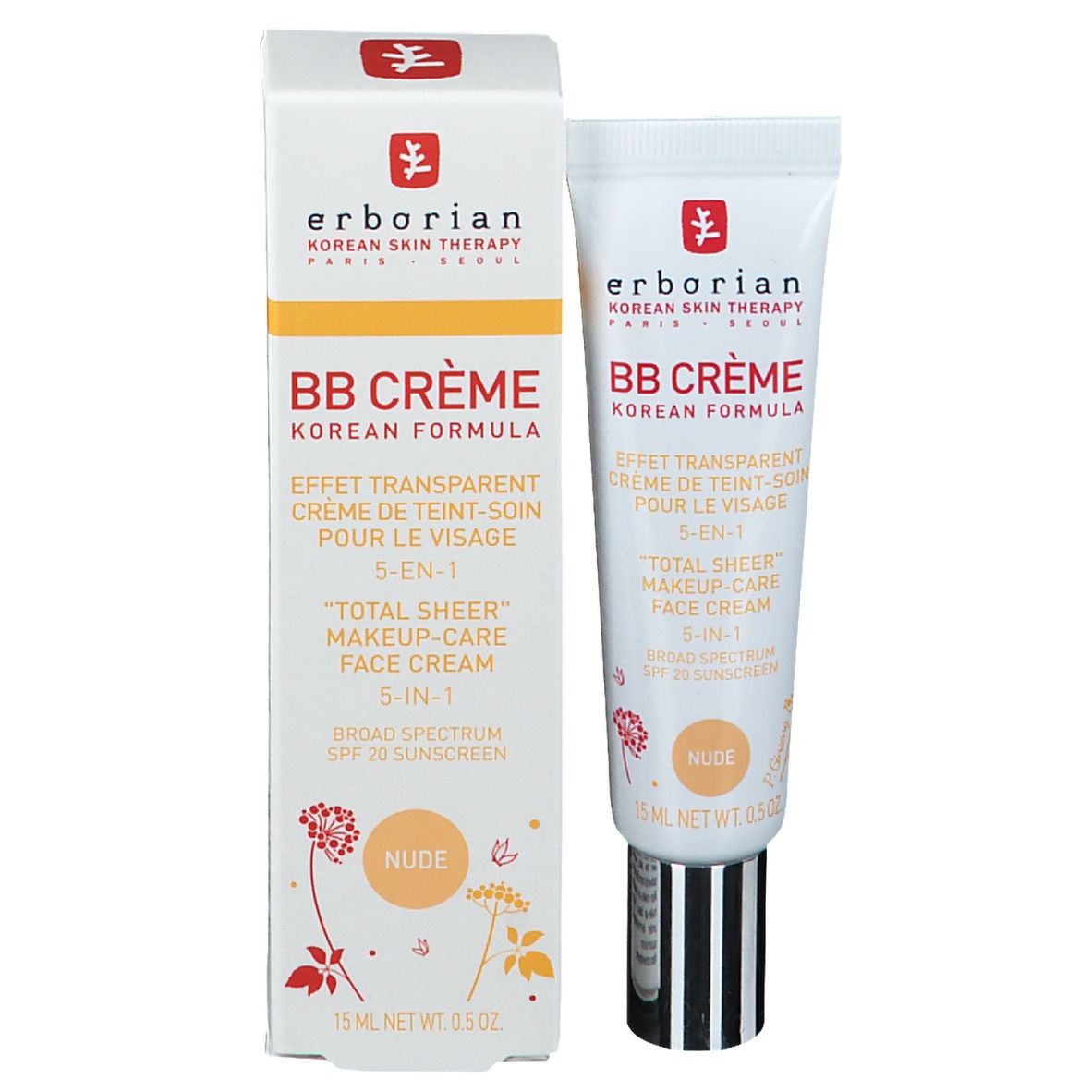 BB Crème Nude und Verpackung. Marke: Erborian. Tube und Schachtel. Text und Logo sichtbar.