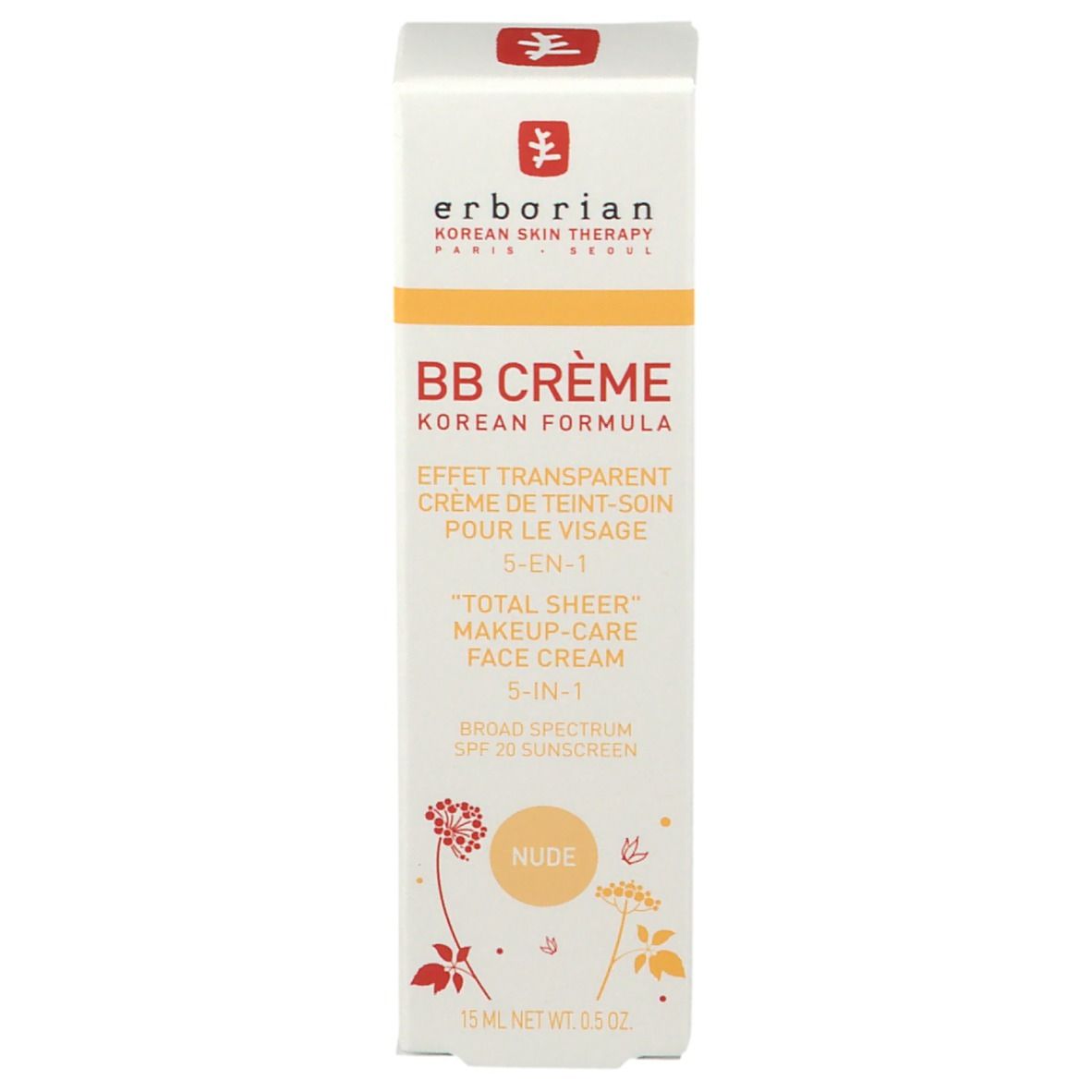 Verpackung der BB Crème Nude. Marke: Erborian. Weiße Schachtel mit Text und Logo.