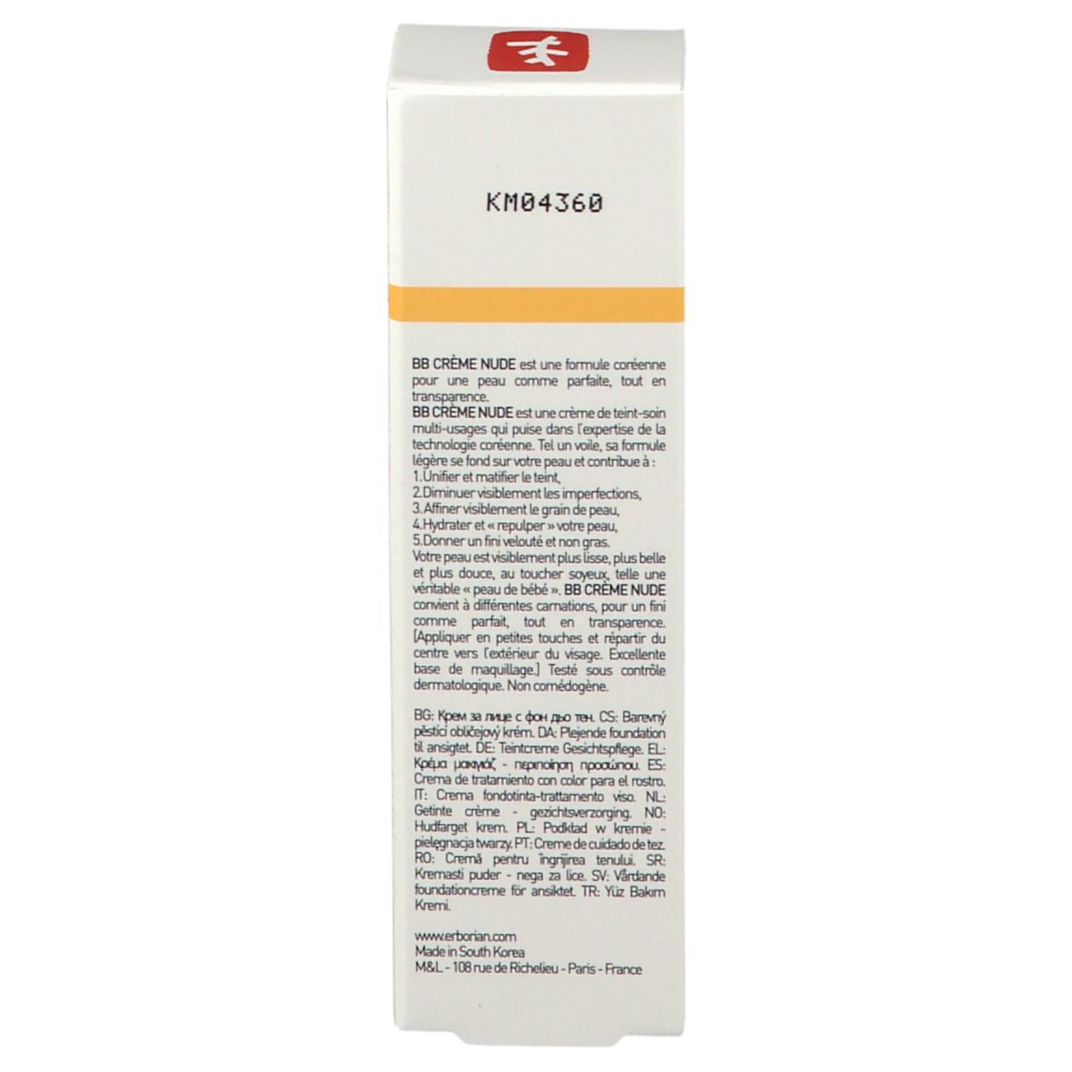 Seite der BB Crème Nude Verpackung. Text in mehreren Sprachen. Marke: Erborian.