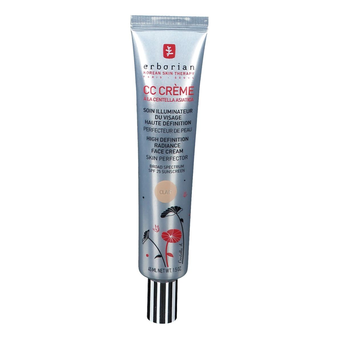 Tube argentée de CC Crème Erborian. Texte: CC Crème, Centella Asiatica, perfecteur de peau, SPF 25. Teinte: Clear.