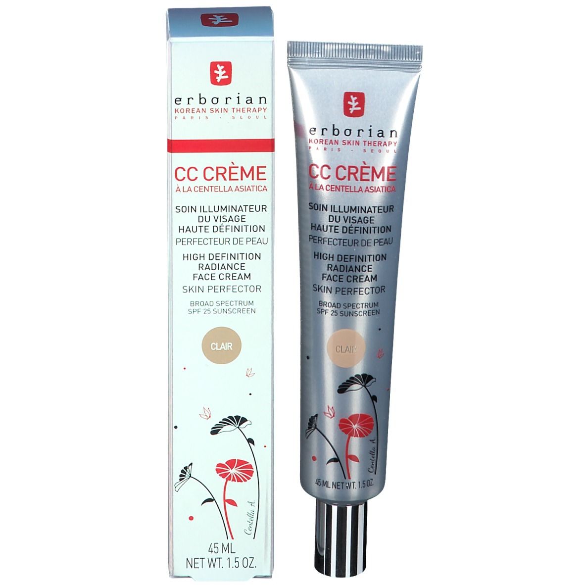 Erborian CC Crème en boîte et tube. Texte: CC Crème, Centella Asiatica, perfecteur de peau, SPF 25. Teinte: Clear. Boîte: 45 ml.