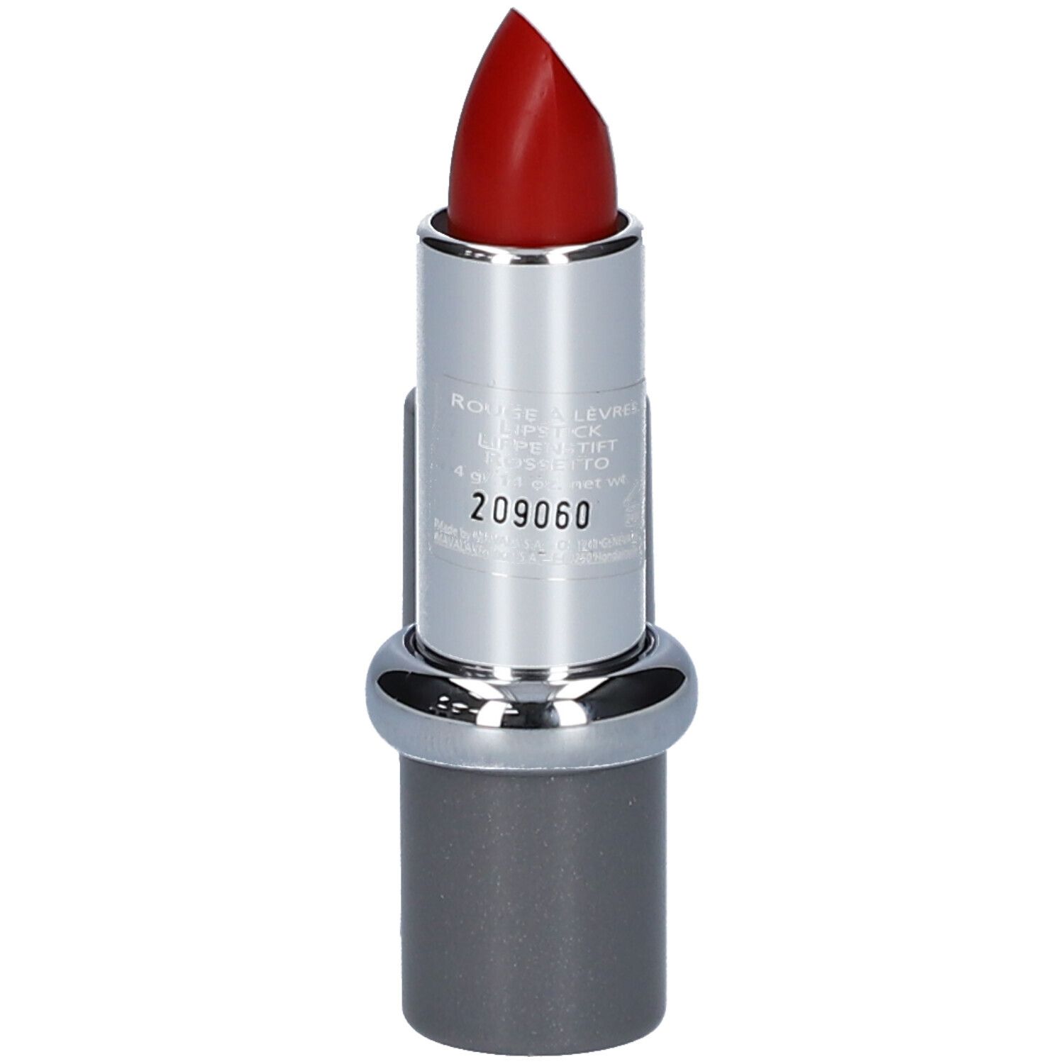 Roter Lippenstift, silberne Hülse, graue Kappe daneben. MAVALA Lippenstift.