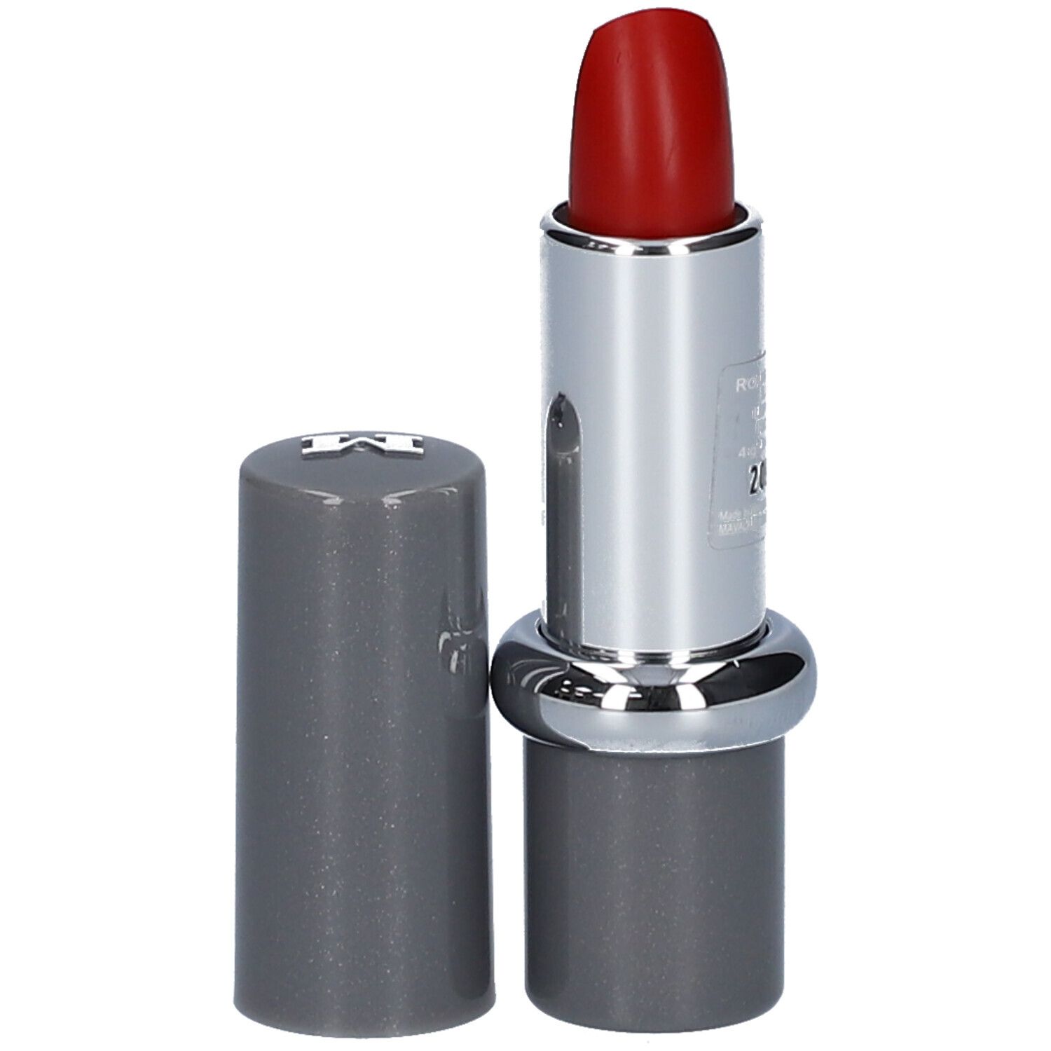 Roter Lippenstift, silberne Hülse, graue Kappe daneben. MAVALA Lippenstift.