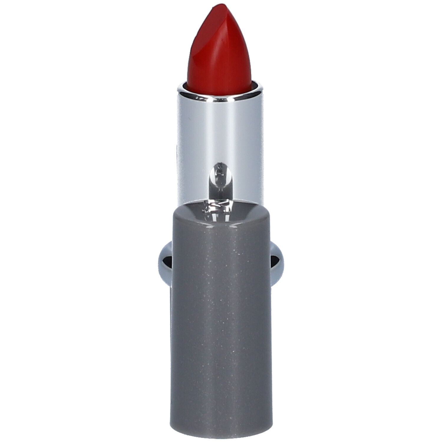 Roter Lippenstift, silberne Hülse, graue Kappe daneben. MAVALA Lippenstift.