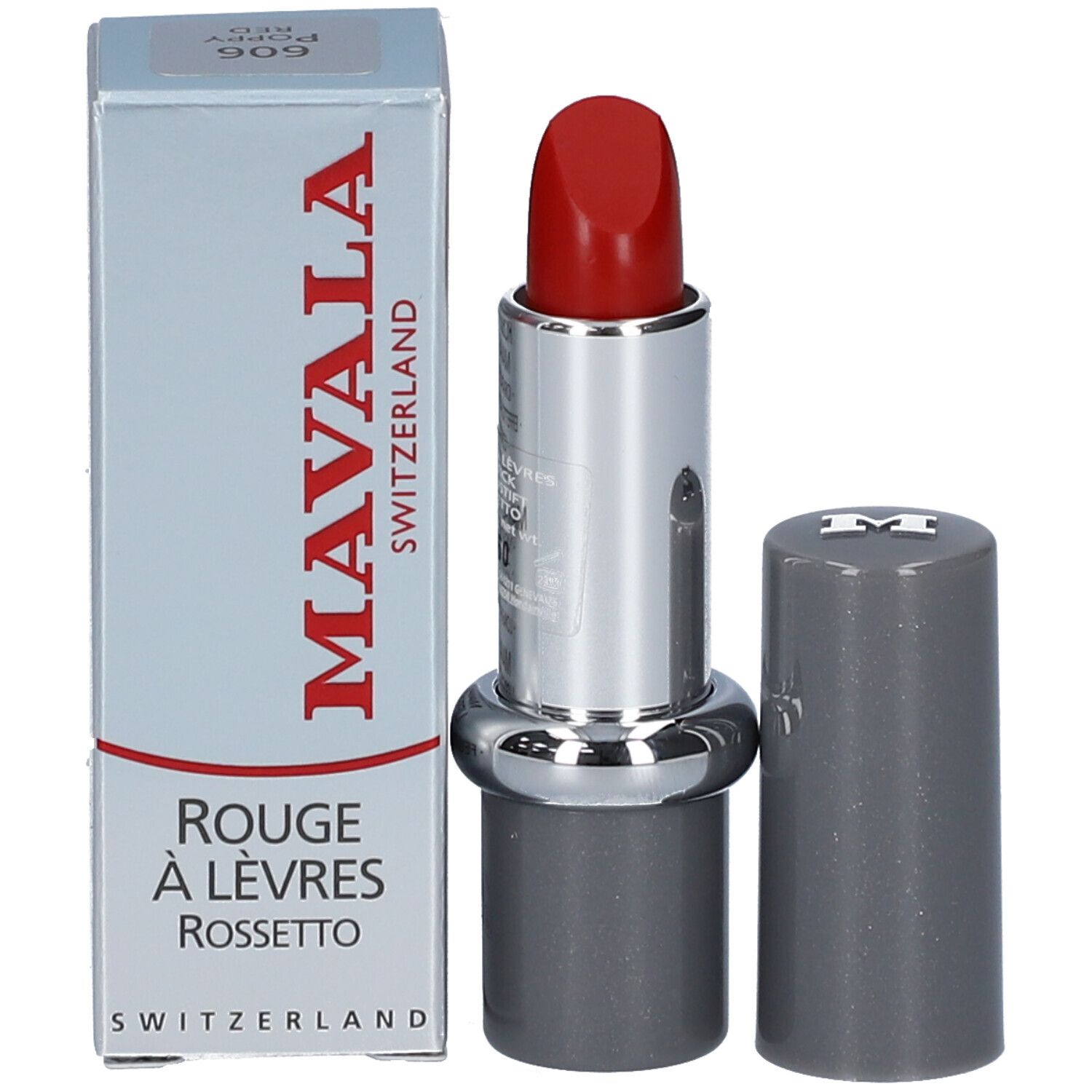 Roter Lippenstift, silberne Hülse, graue Kappe daneben. MAVALA Lippenstift, mit Verpackung.