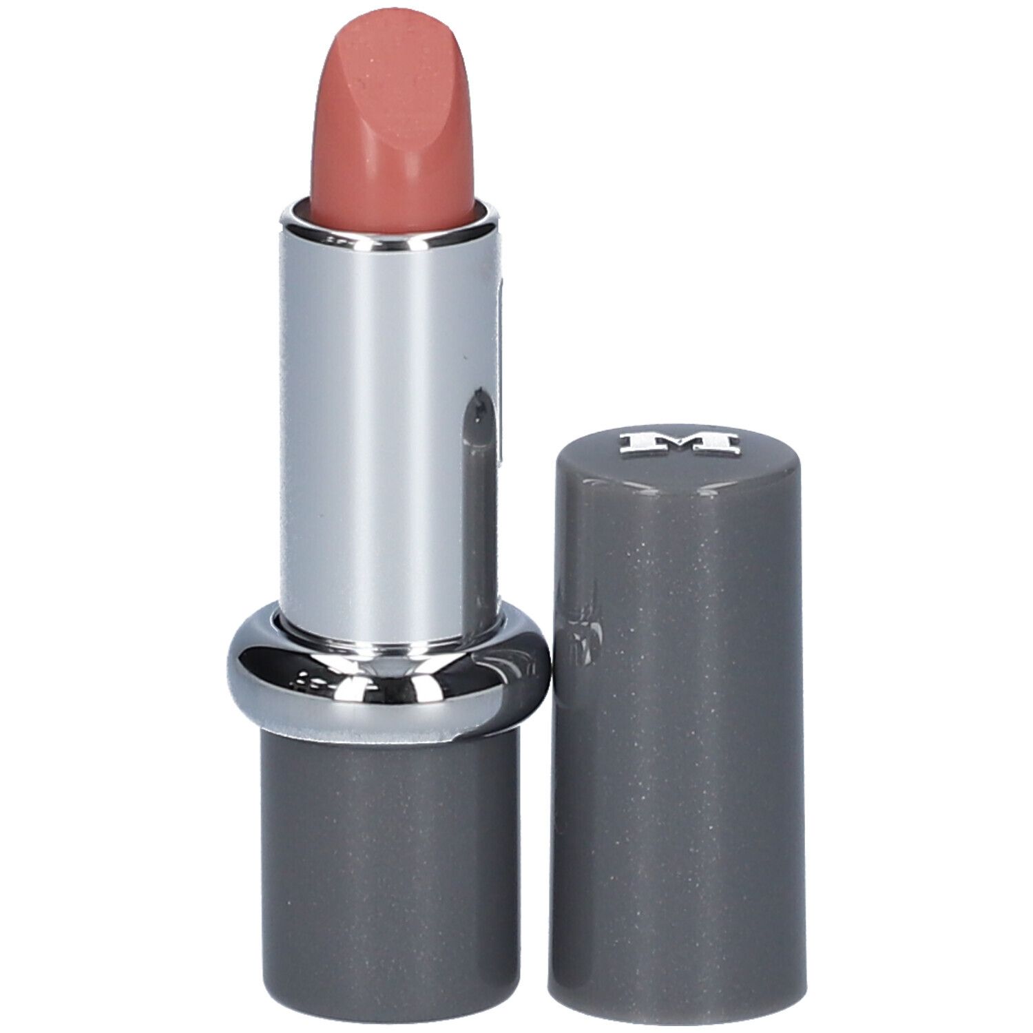 Lippenstift, geöffnet. Silberfarbener Schaft, grauer Deckel. Lippenstift in Rosé-Nude-Ton.