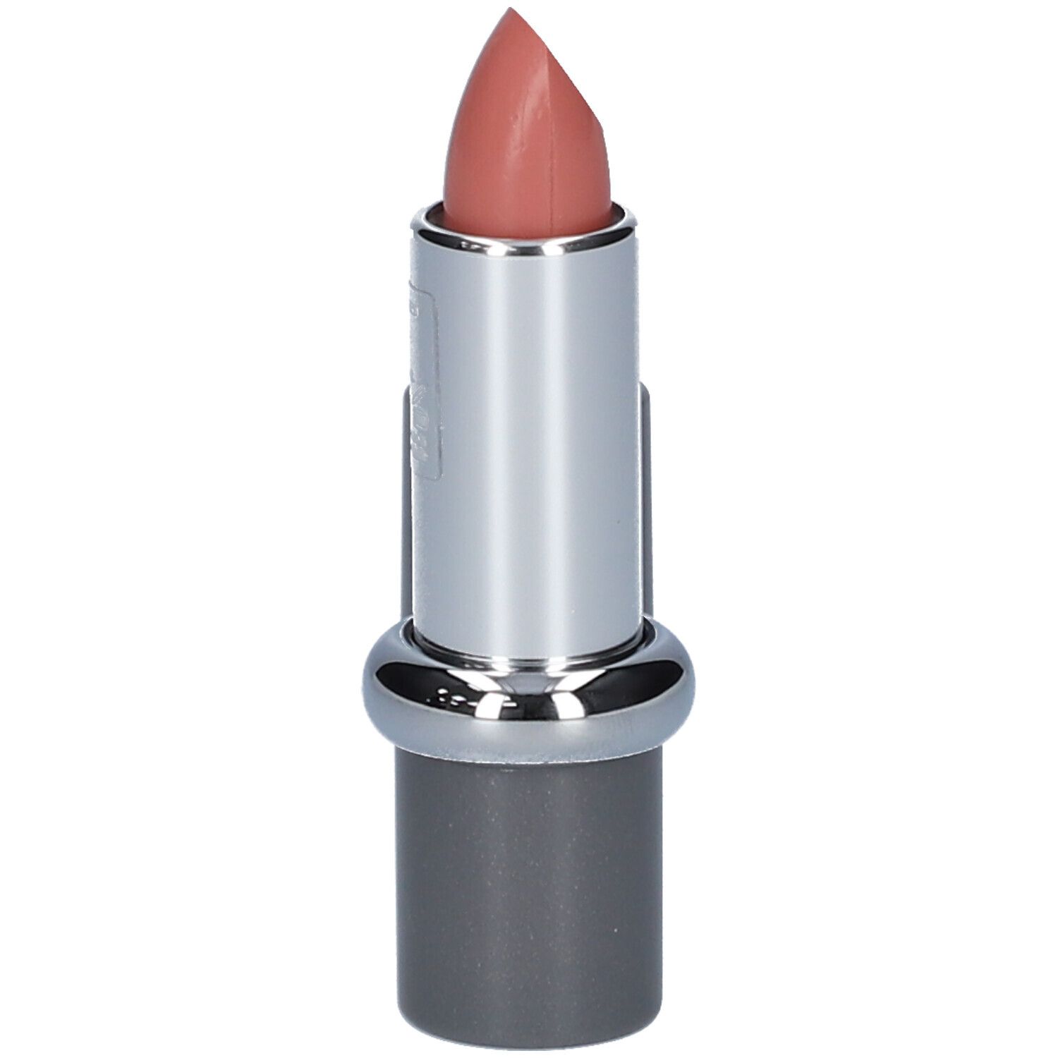 Lippenstift, geöffnet. Silberfarbener Schaft, grauer Deckel. Lippenstift in Rosé-Nude-Ton.