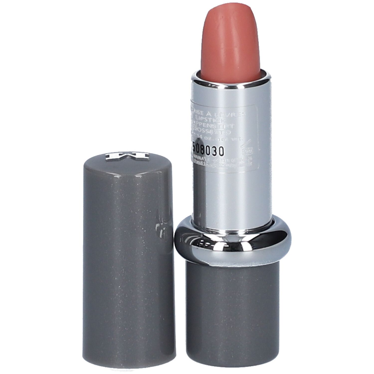 Lippenstift, geöffnet. Silberfarbener Schaft, grauer Deckel. Lippenstift in Rosé-Nude-Ton.