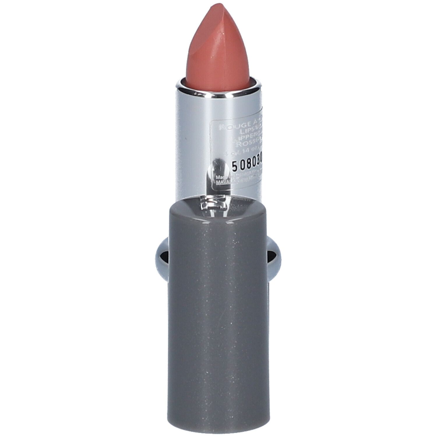 Lippenstift, geöffnet. Silberfarbener Schaft, grauer Deckel. Lippenstift in Rosé-Nude-Ton.