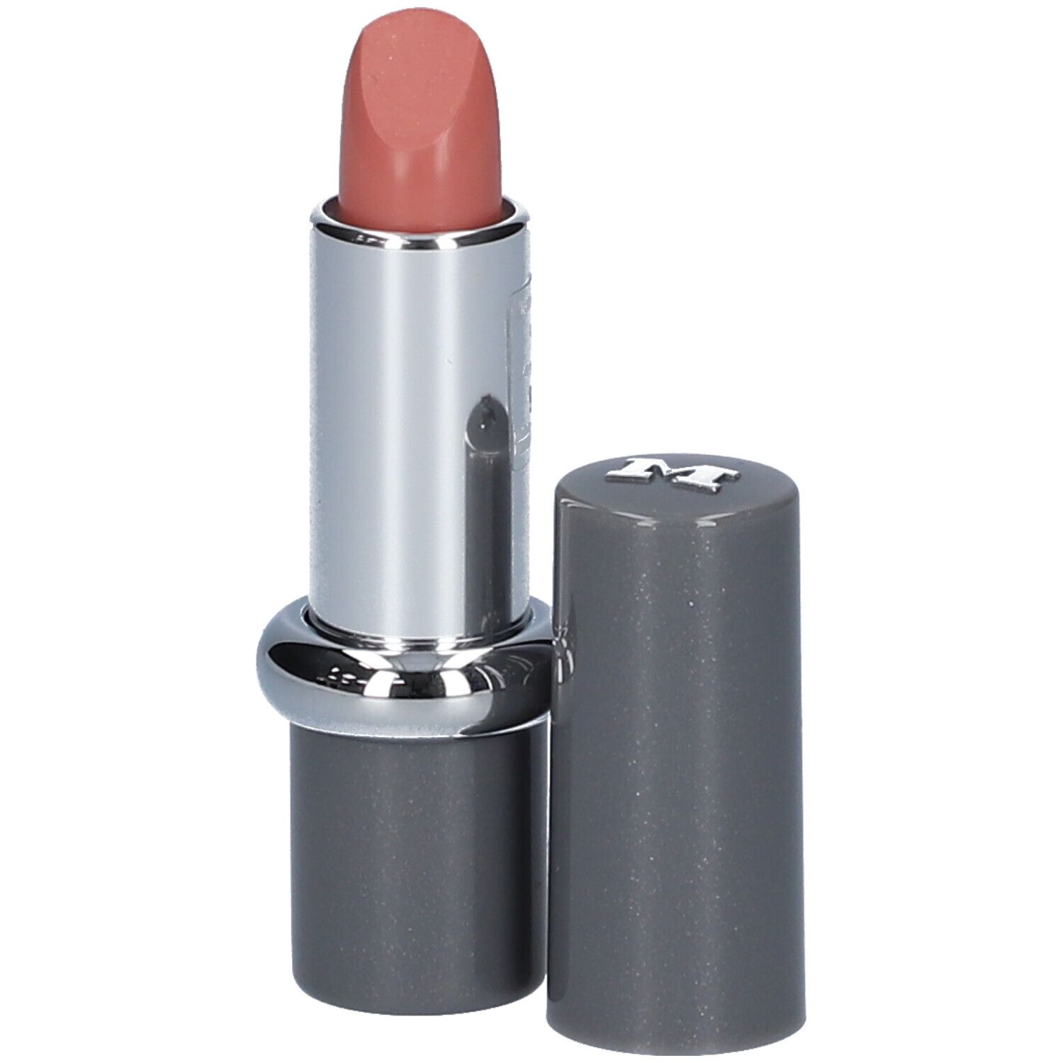 Lippenstift, geöffnet. Silberfarbener Schaft, grauer Deckel. Lippenstift in Rosé-Nude-Ton.