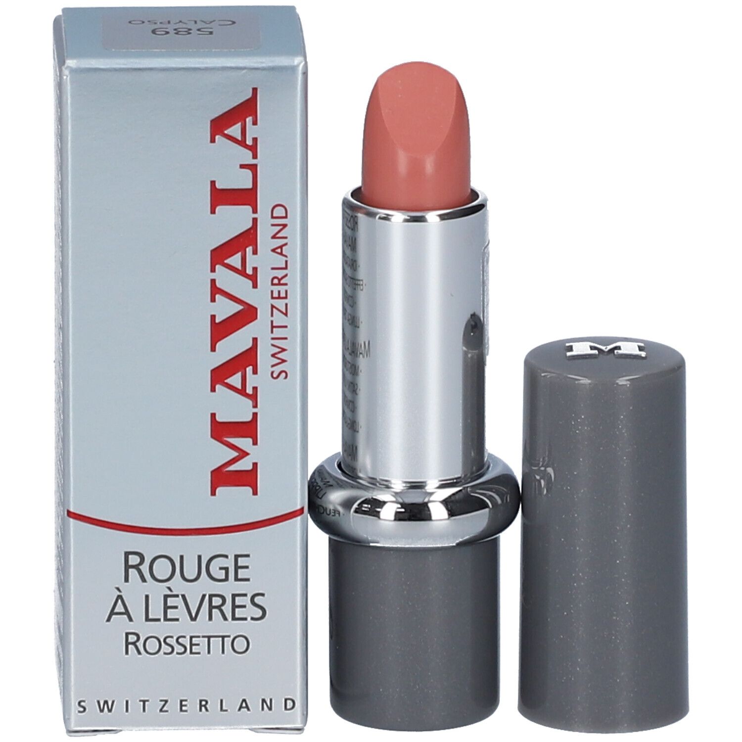 Lippenstift mit Verpackung. Silberfarbener Schaft, grauer Deckel. Lippenstift in Rosé-Nude-Ton. Verpackung mit Logo.