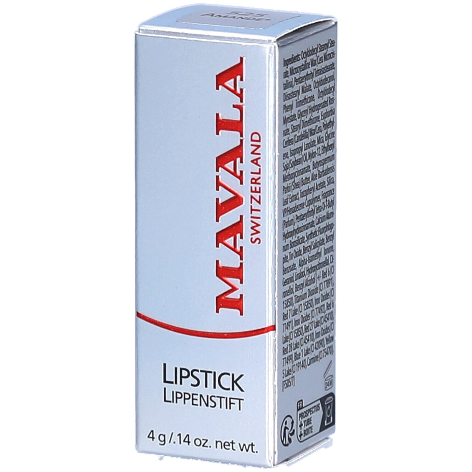 Schachtel mit Lippenstift. Marke MAVALA, rot. Text: LIPSTICK, LIPPENSTIFT. 4 g / .14 oz. net wt.